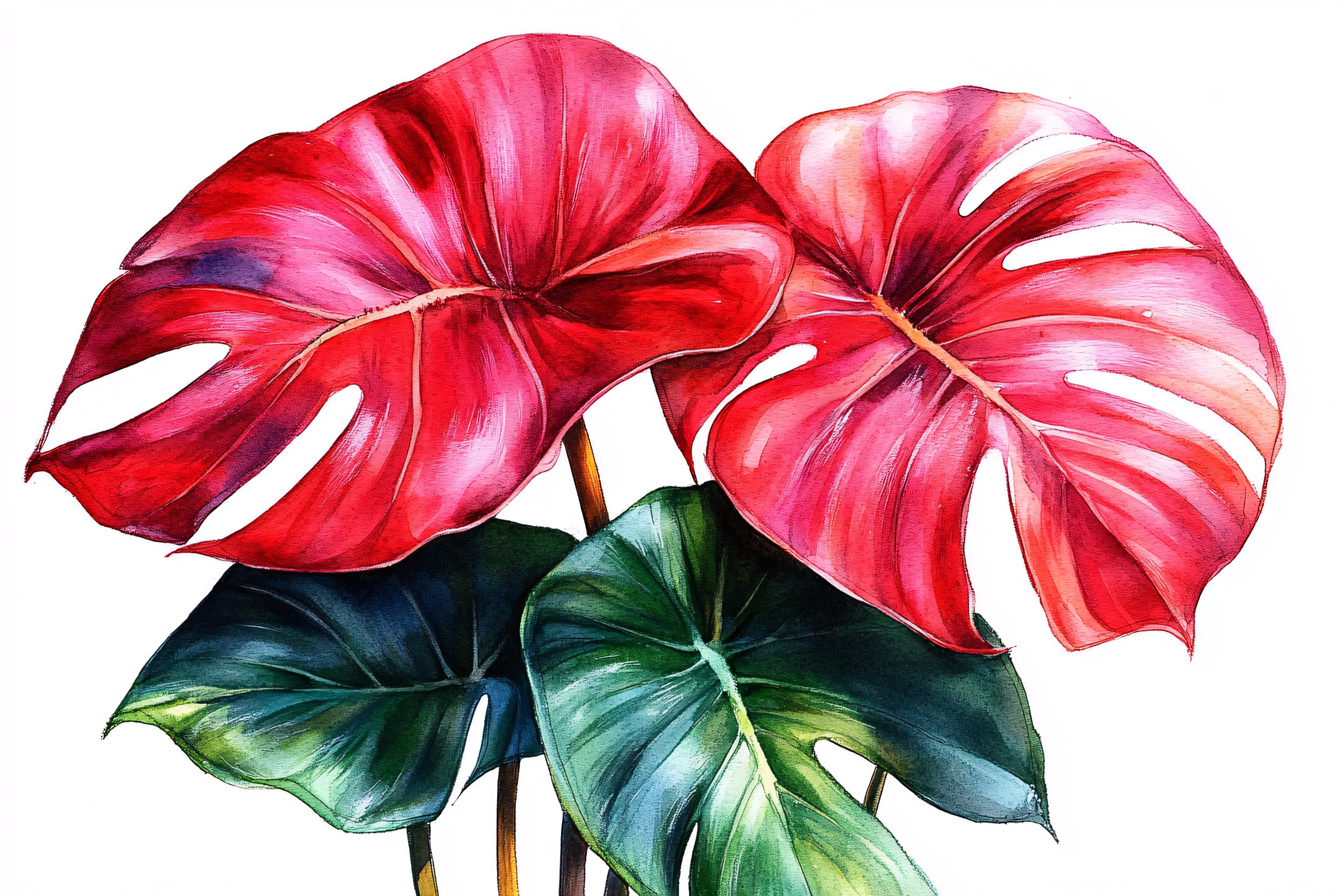 Red and Green Monstera Leaves Watercolor