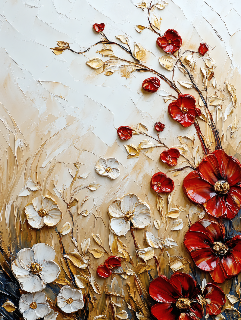 Red and White Floral Impasto Painting