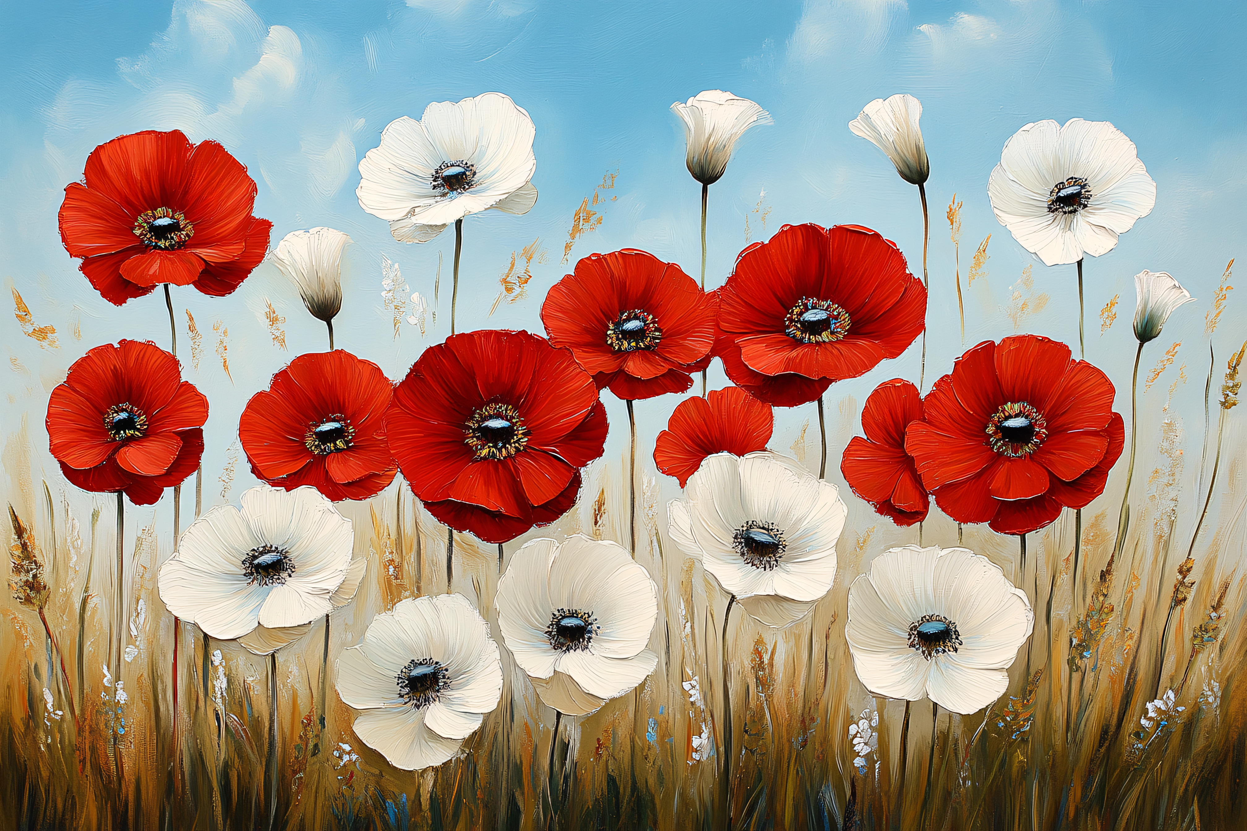 Red and White Poppies in Field