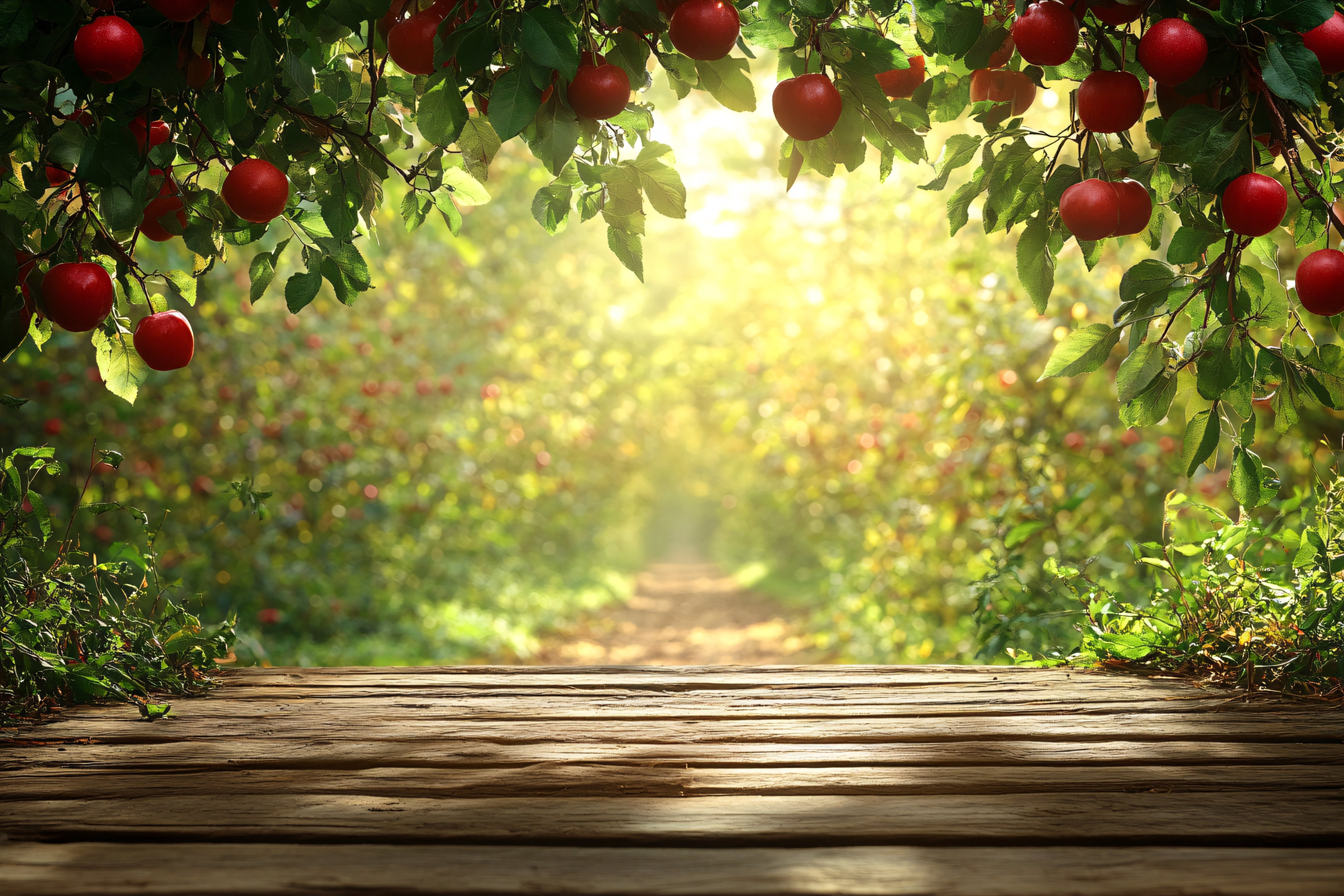 Red Apples On Tree Branch With Wooden Table In Orchard