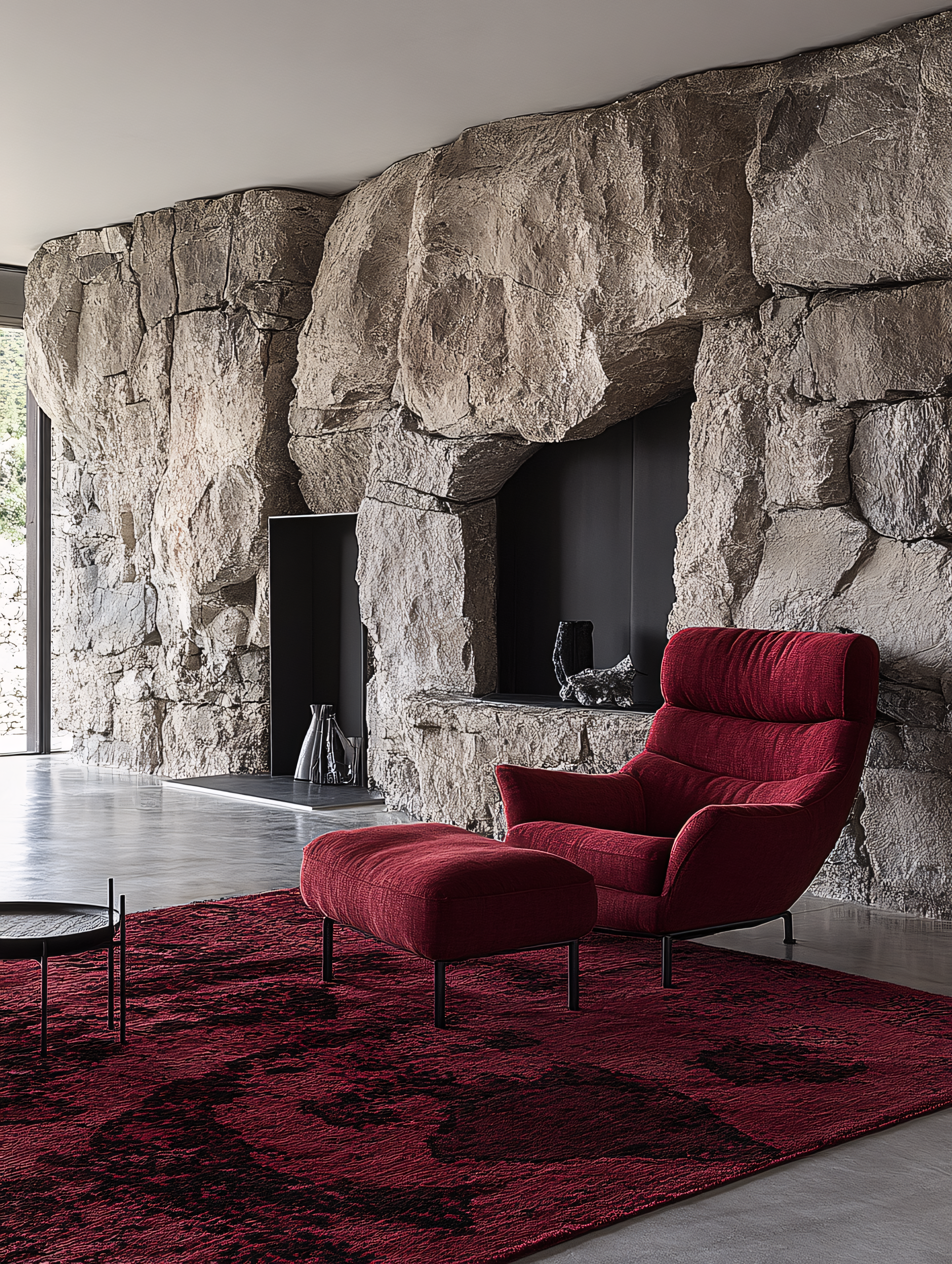 Red Armchair and Ottoman in Modern Living Room
