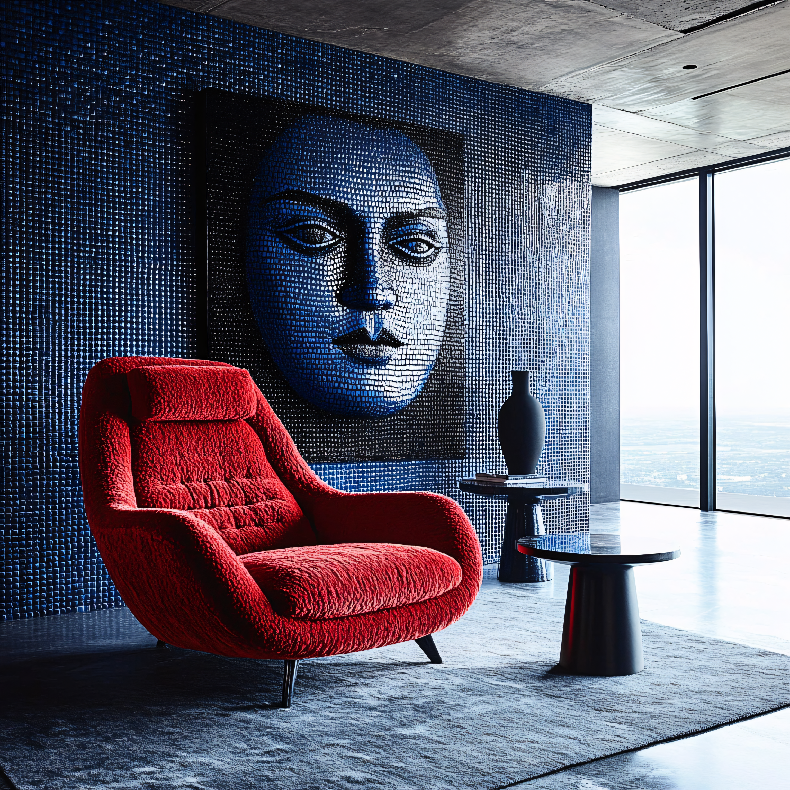 Red Armchair With Blue Mosaic Face Wall Art