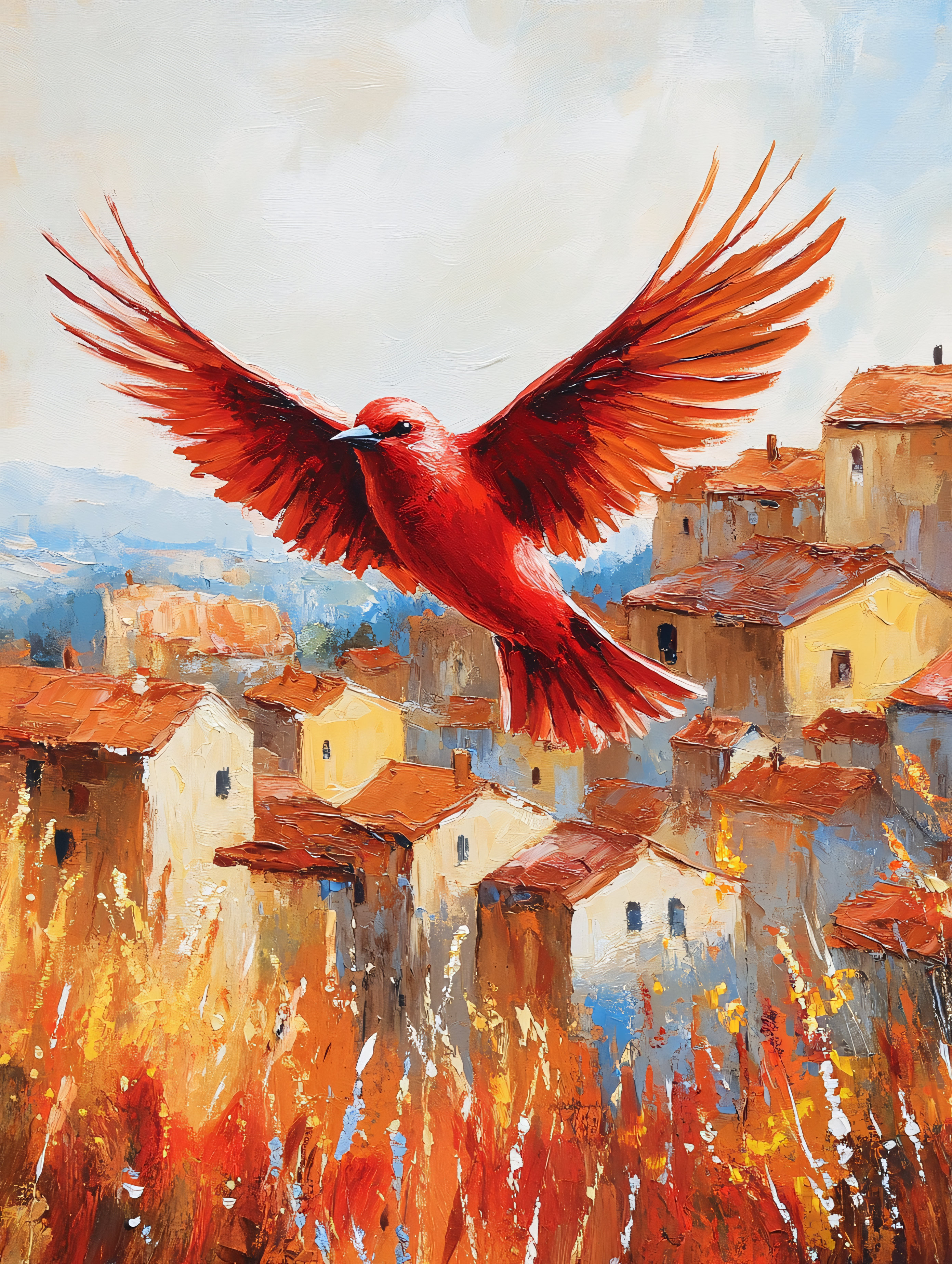 Red Bird Over Village