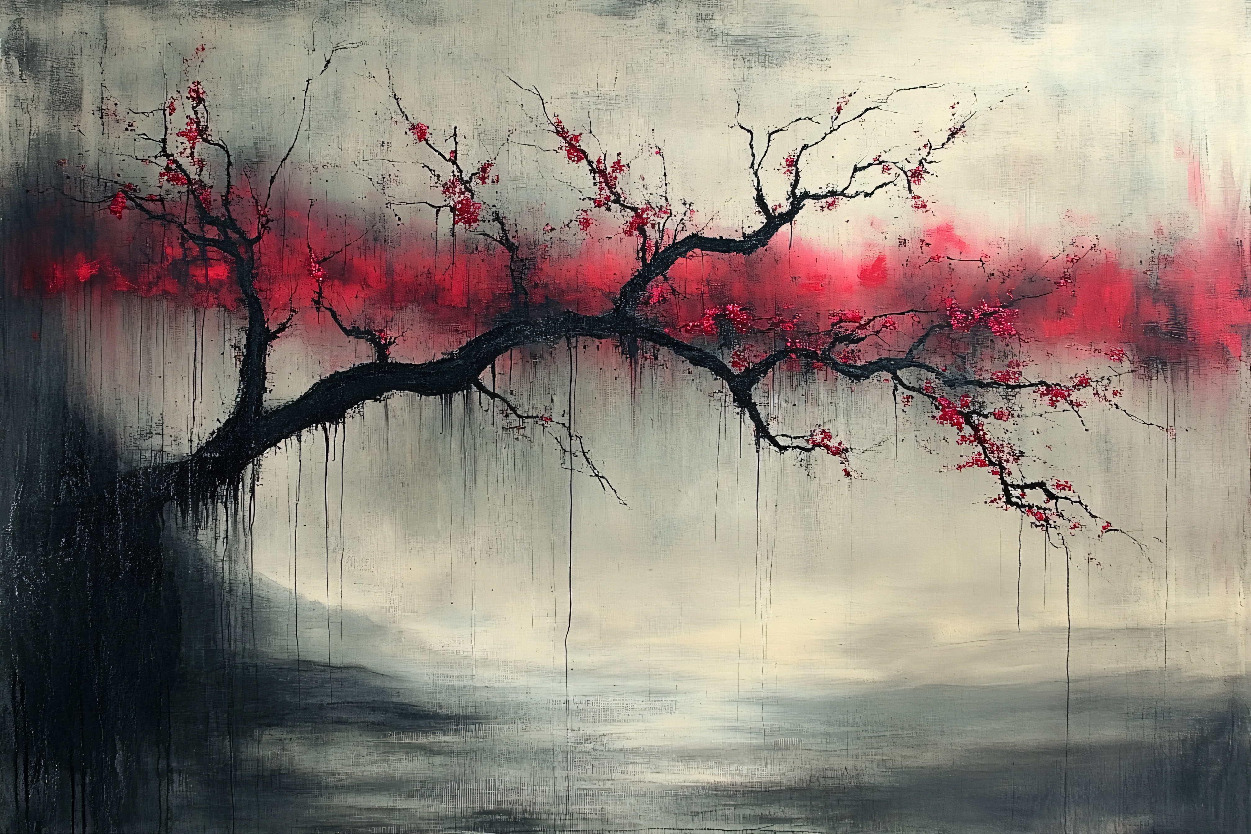 Red Blossom Branch on Grey Canvas