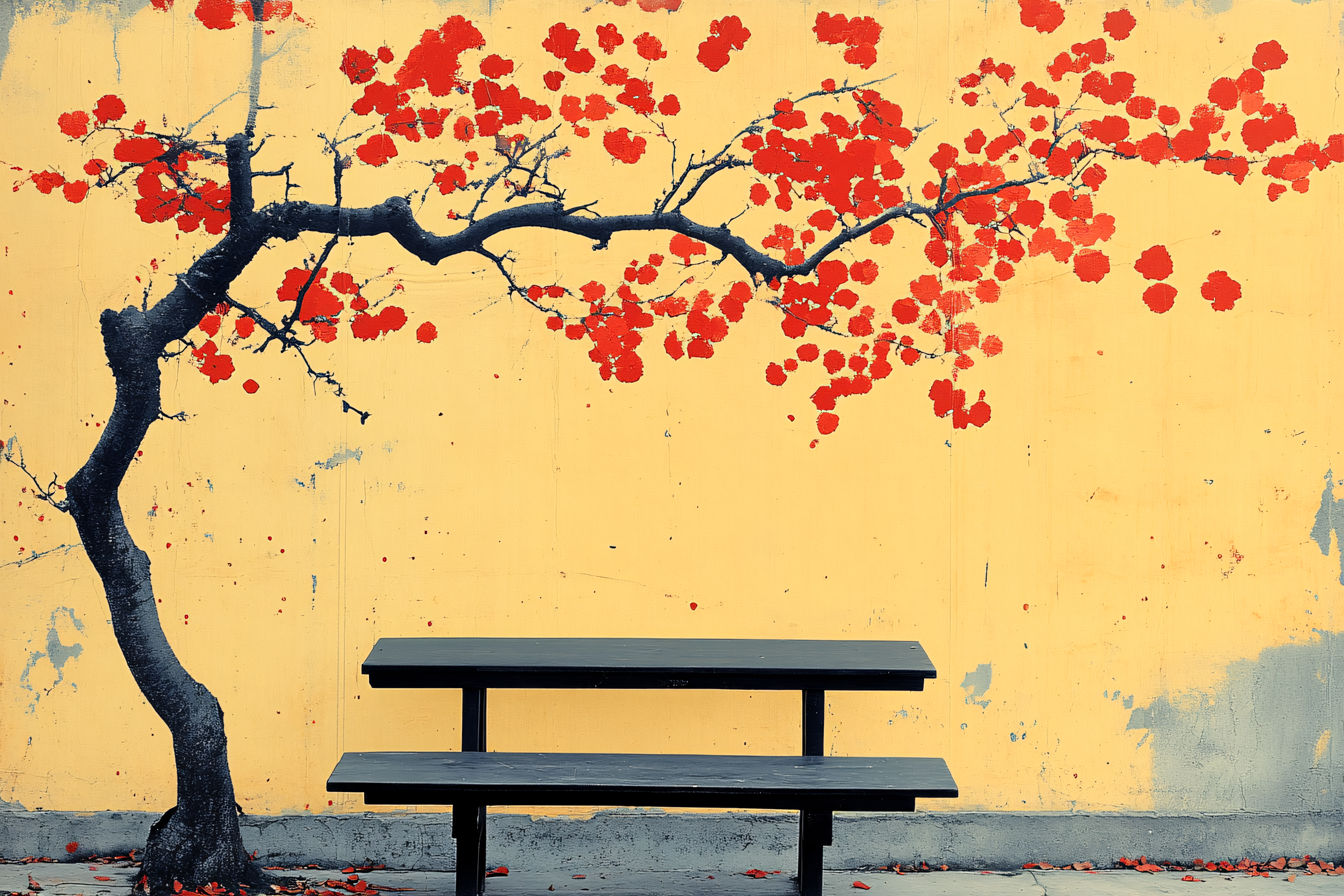Red Blossoms And Bench