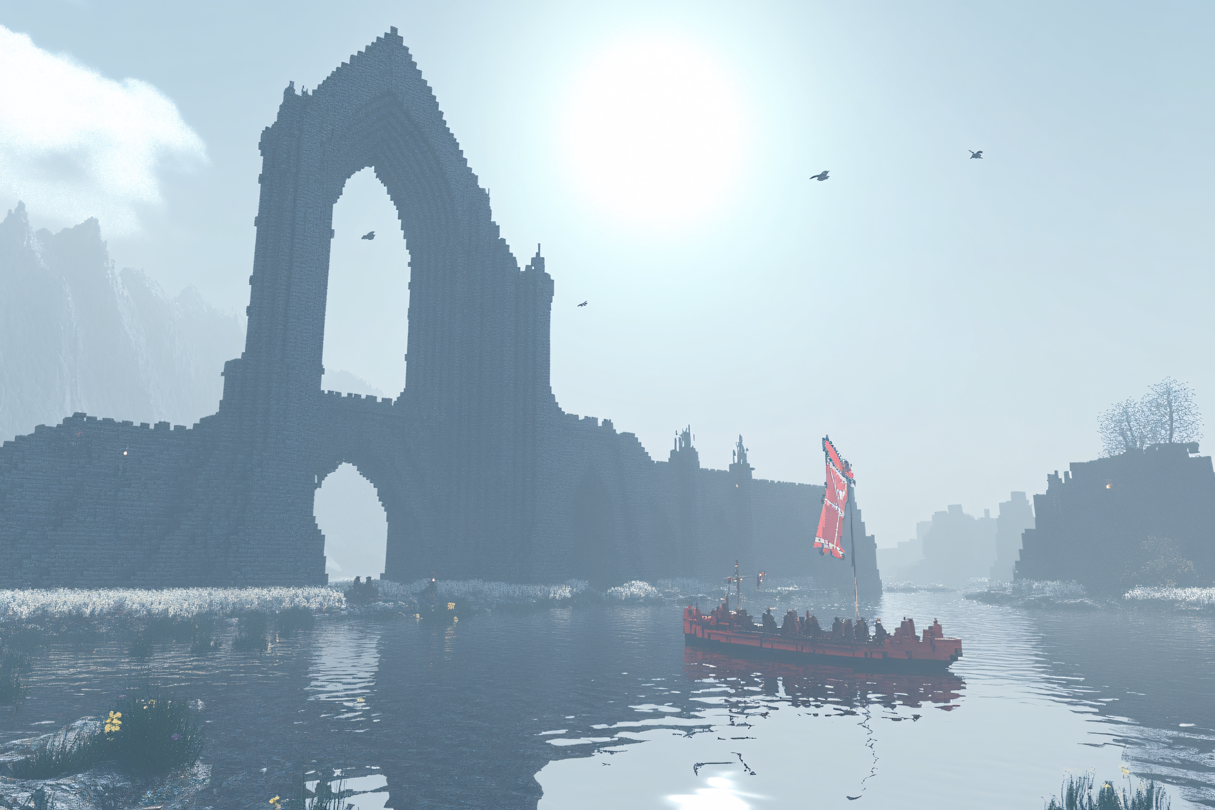 Red Boat Approaching Ruined Castle in Mist