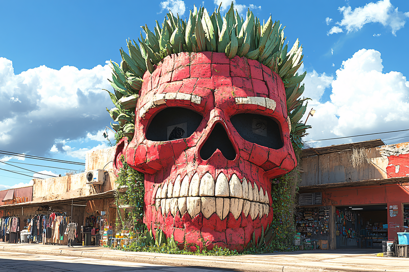 Red Brick Skull with Green Plants