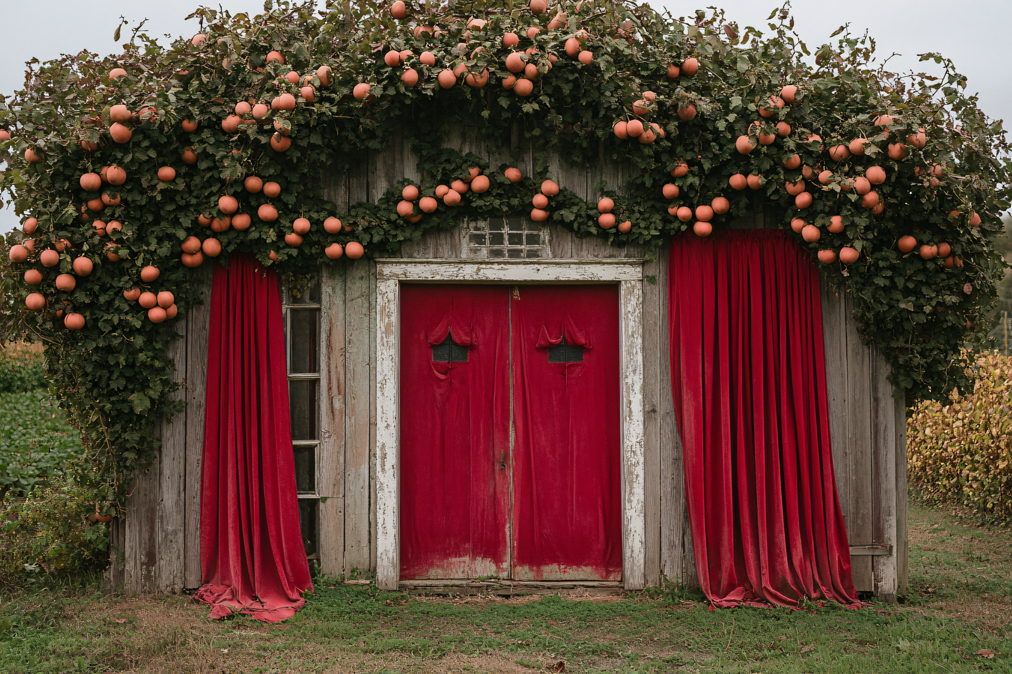 Red Curtains on Fruit Covered Shed