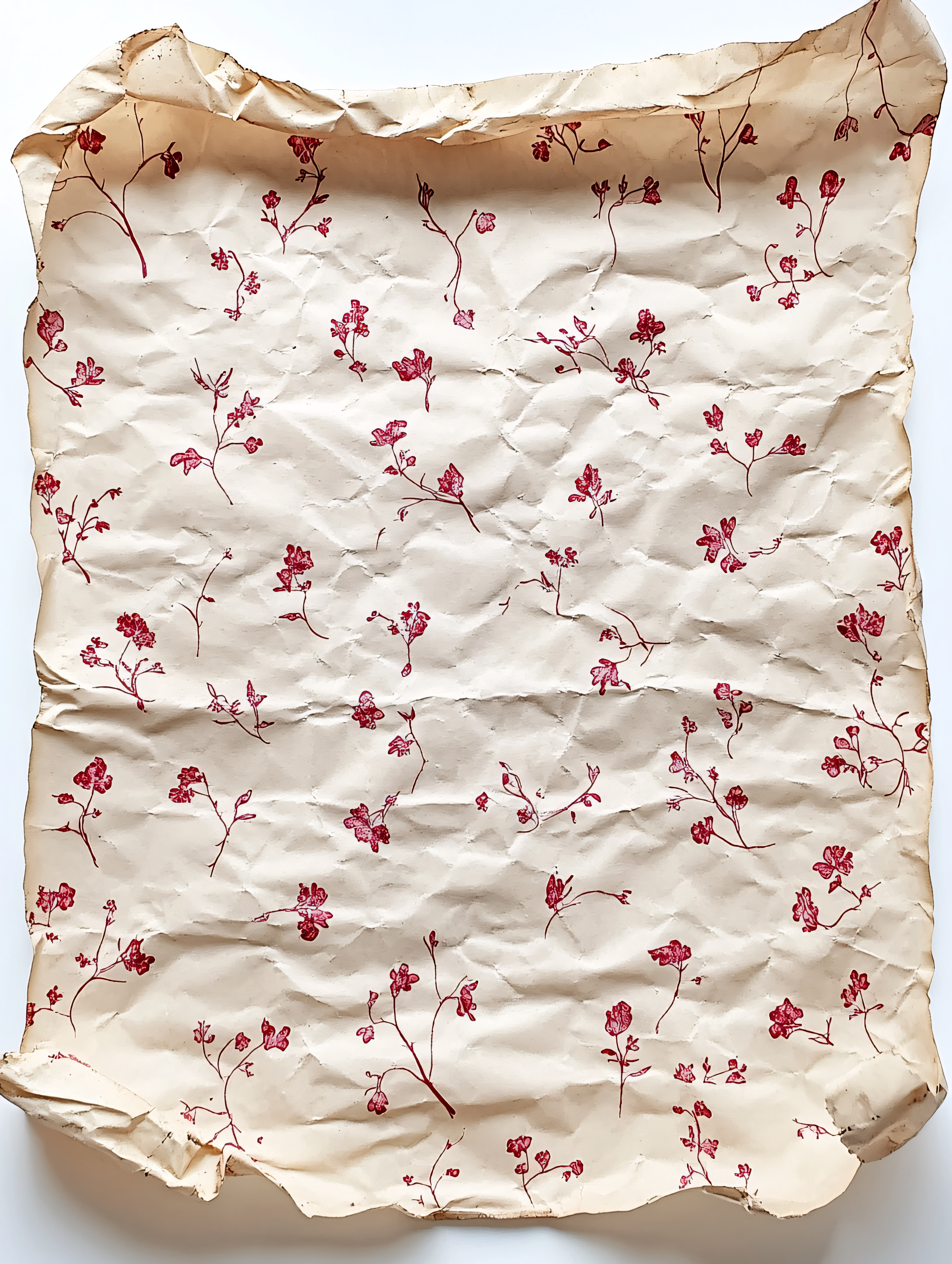 Red Floral Pattern on Beige Crumpled Paper