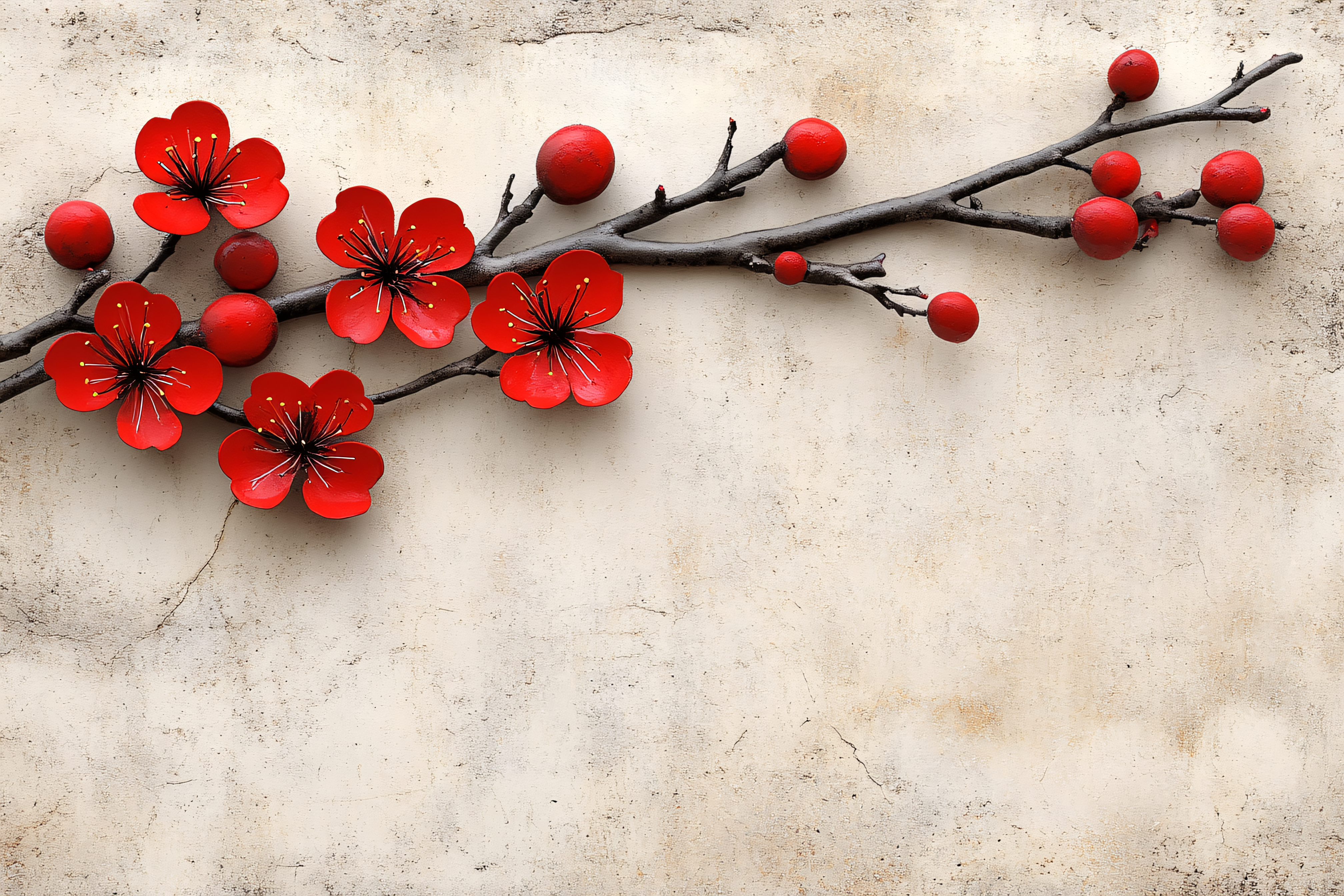 Red Flowers and Berries Branch