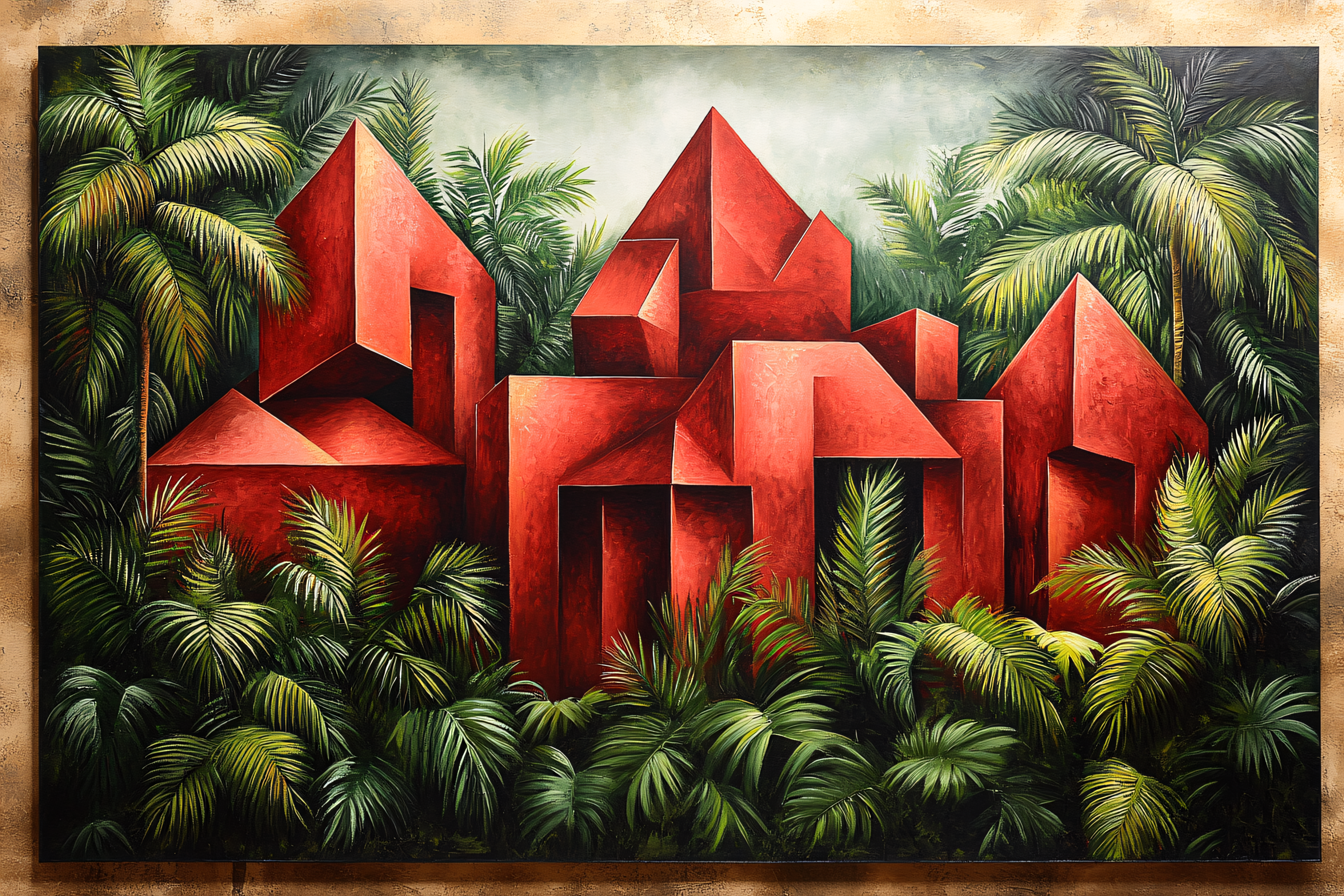 Red Geometric Structures Amidst Tropical Foliage