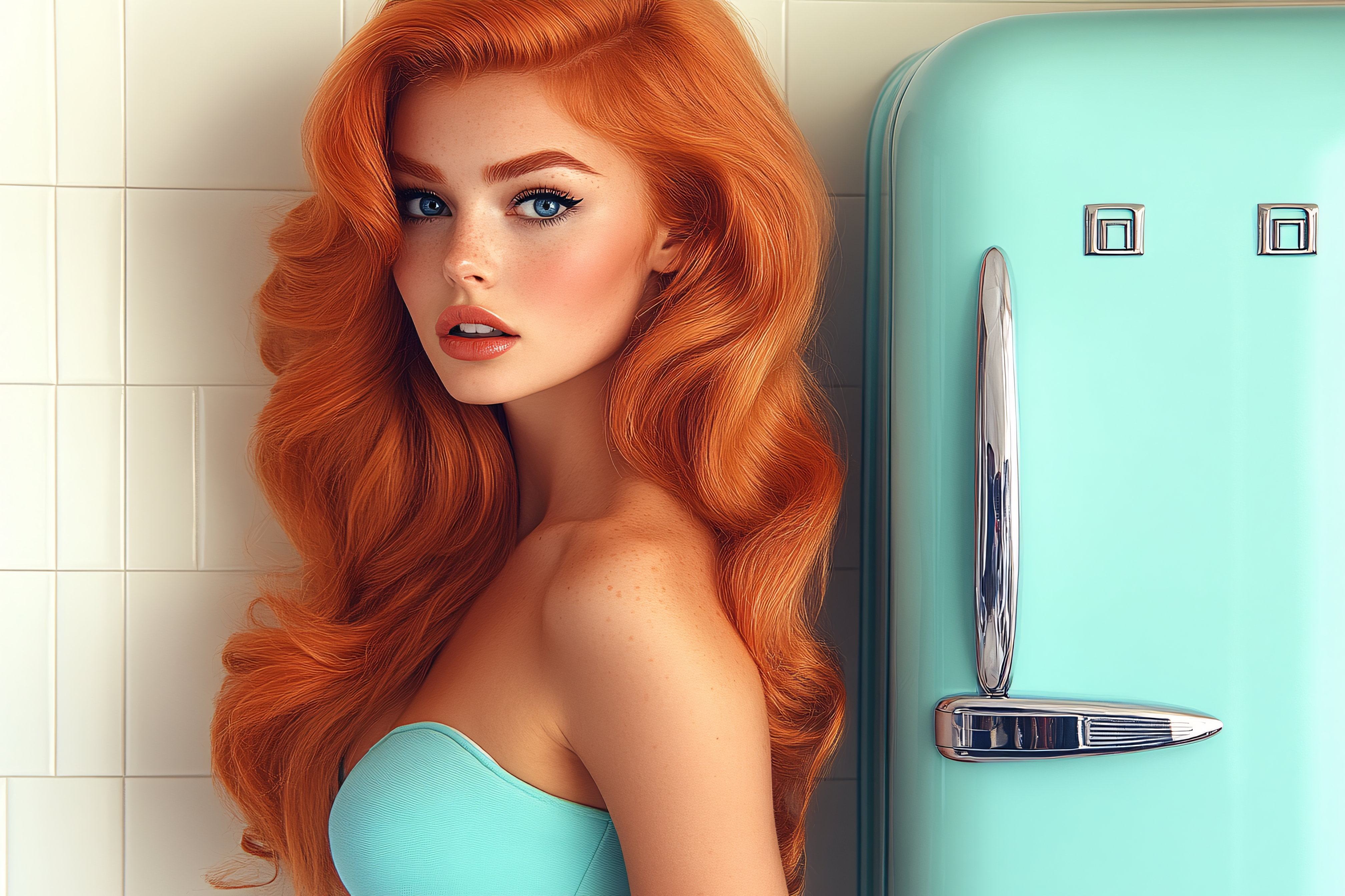Red-Haired Woman And Retro Refrigerator