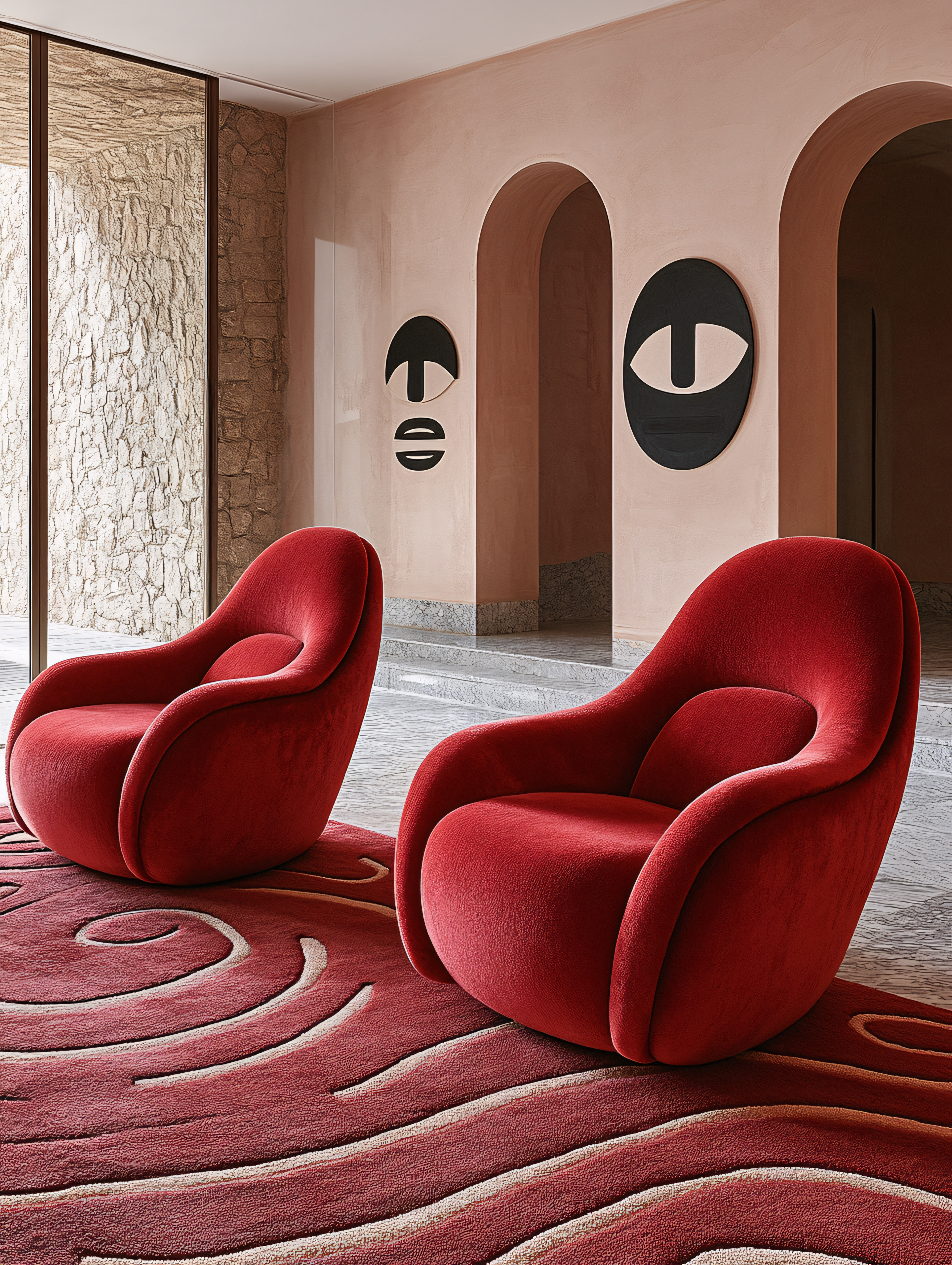 Red Lounge Chairs in Modern Interior with Abstract Art