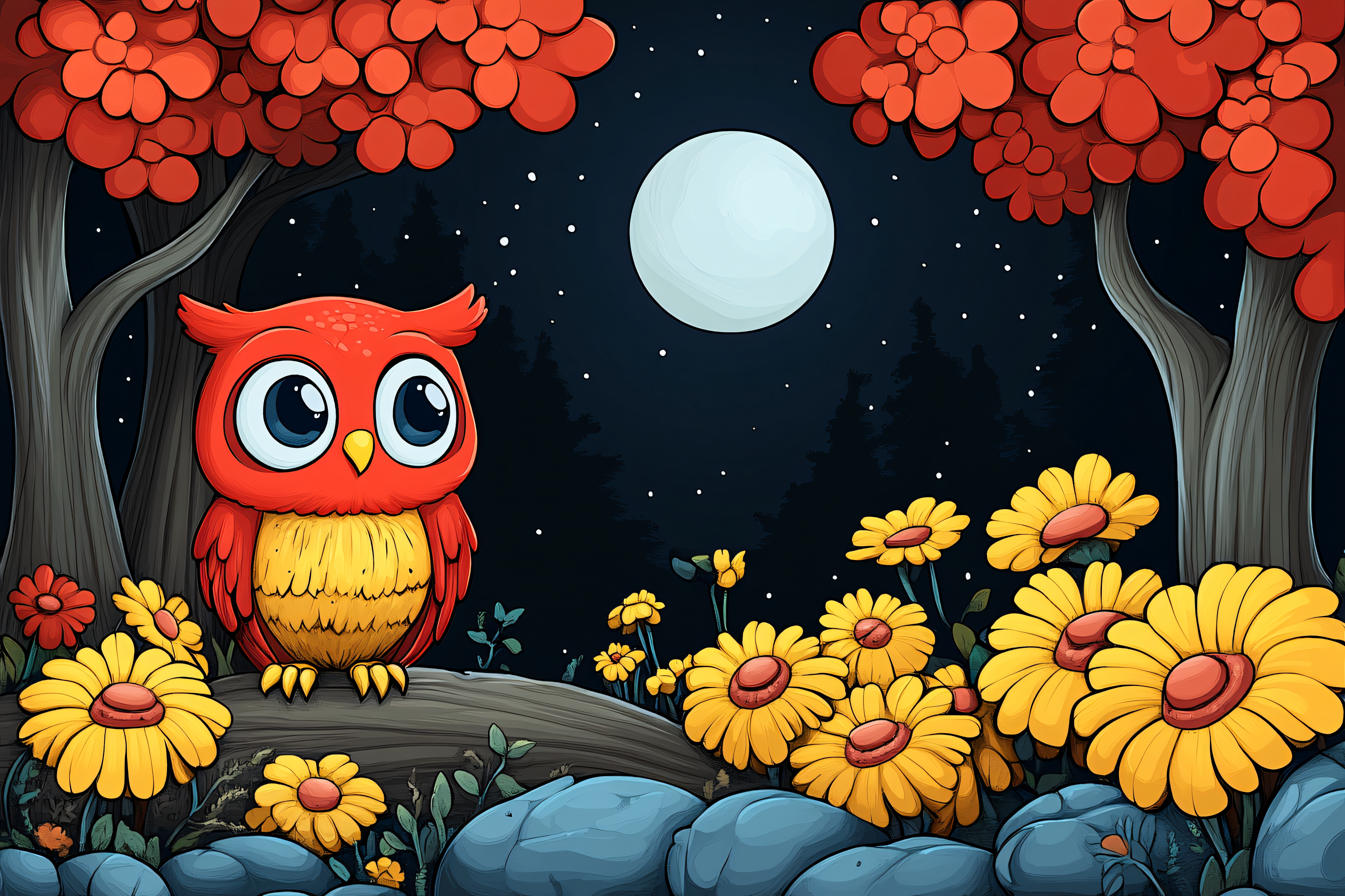Red Owl in Autumn Night Scene