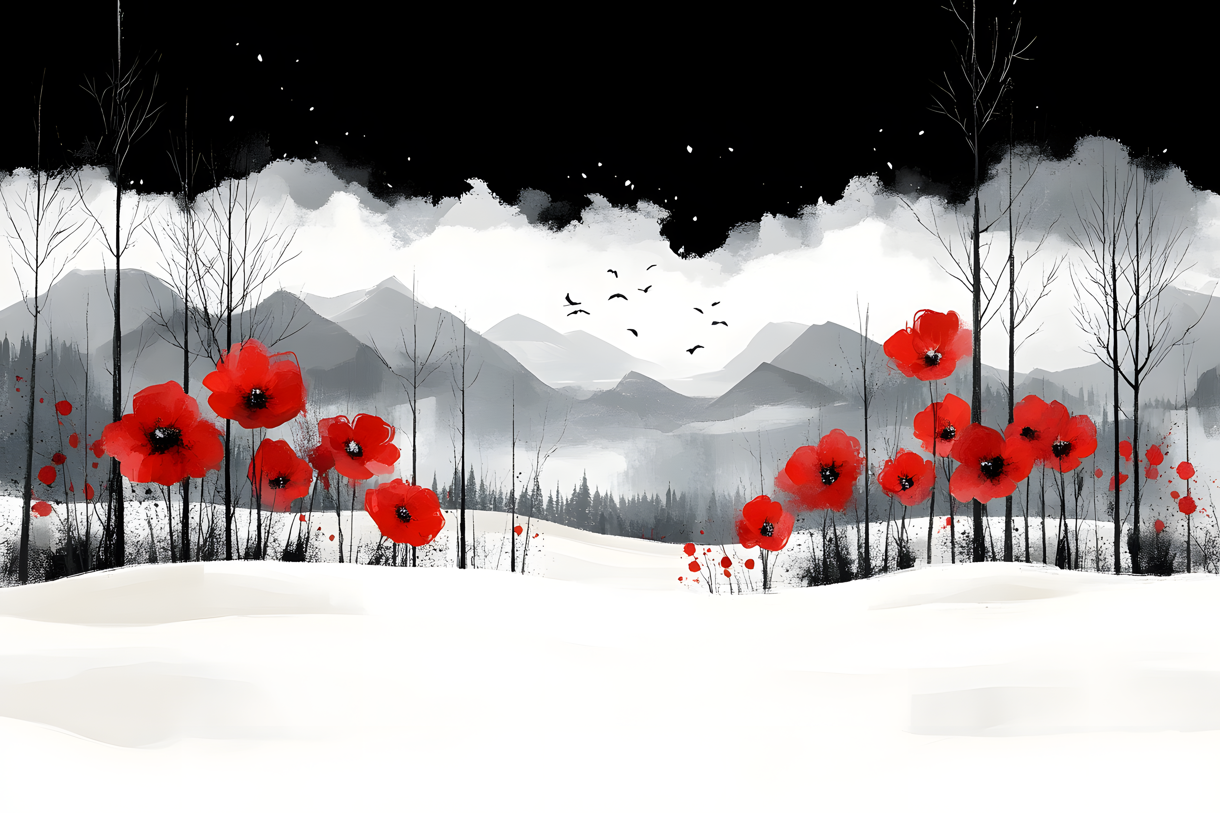 Red Poppies Winter Landscape