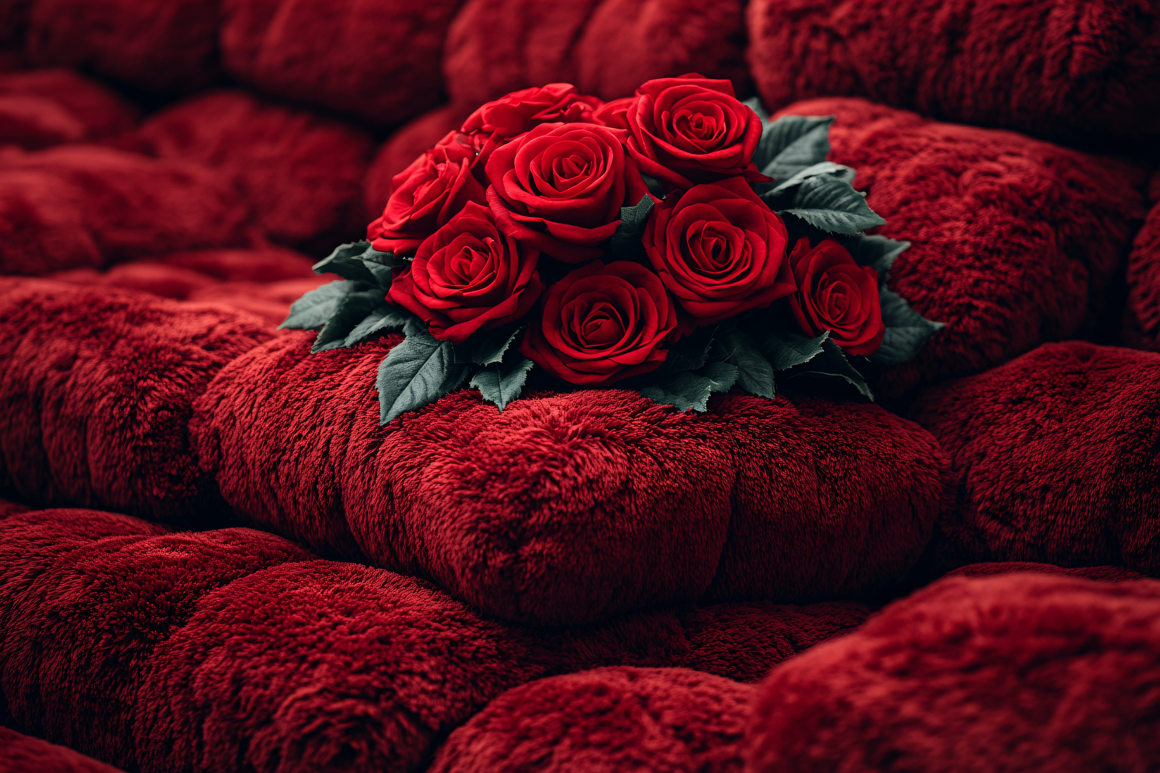 Red Roses Bouquet On Furry Pillows