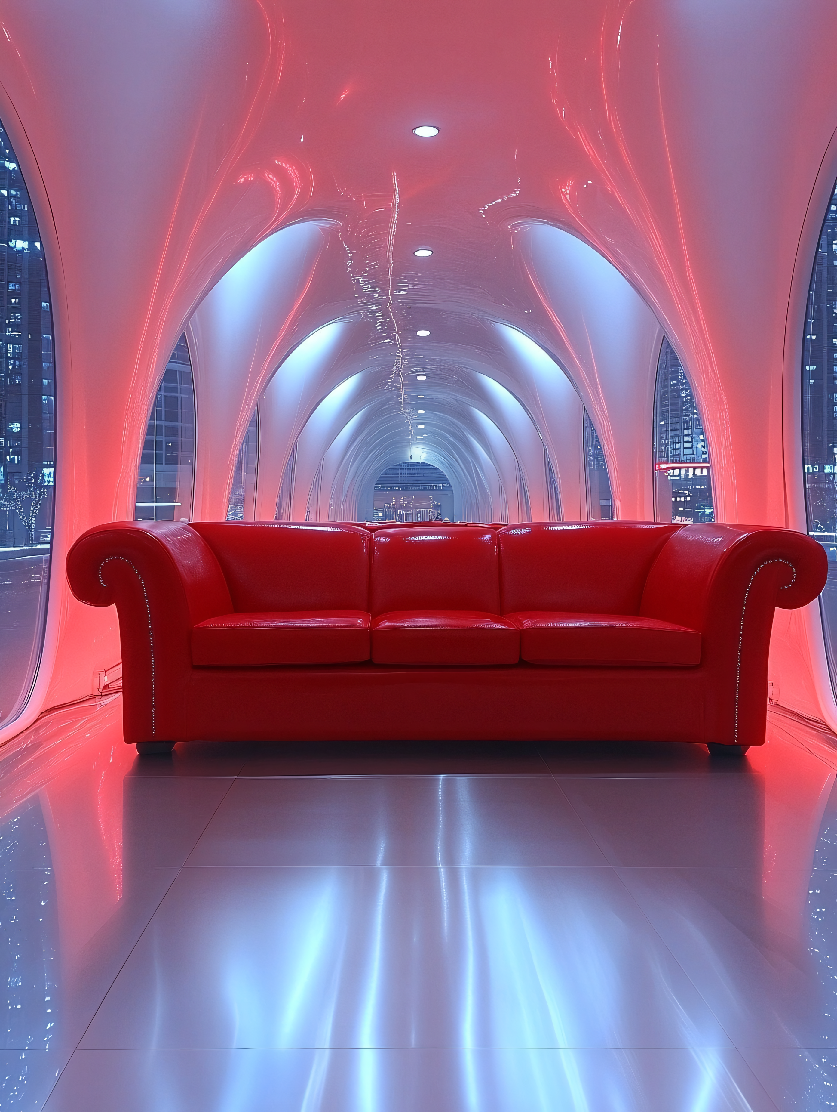 Red Sofa in Futuristic Tunnel
