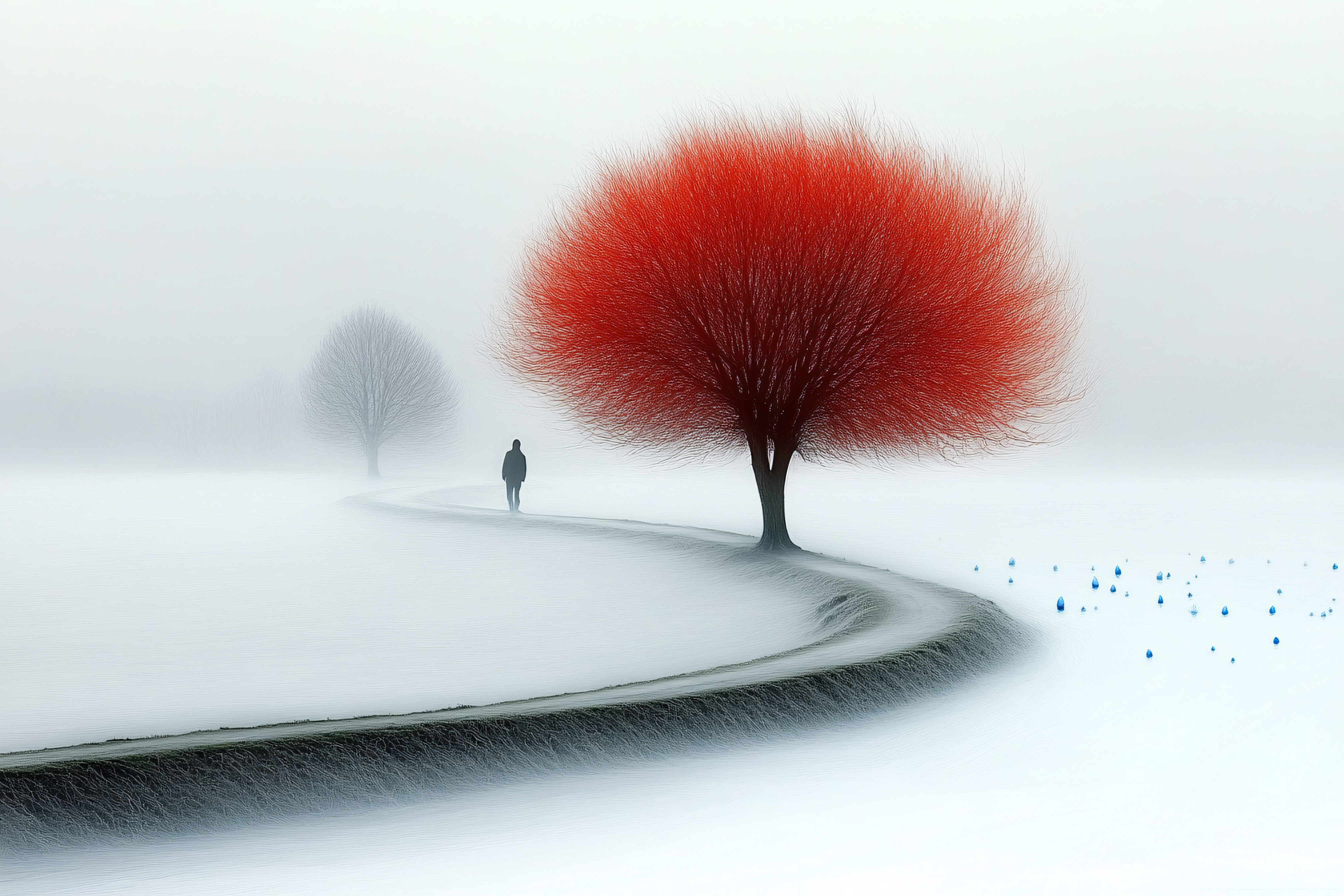 Red Tree In Winter Mist