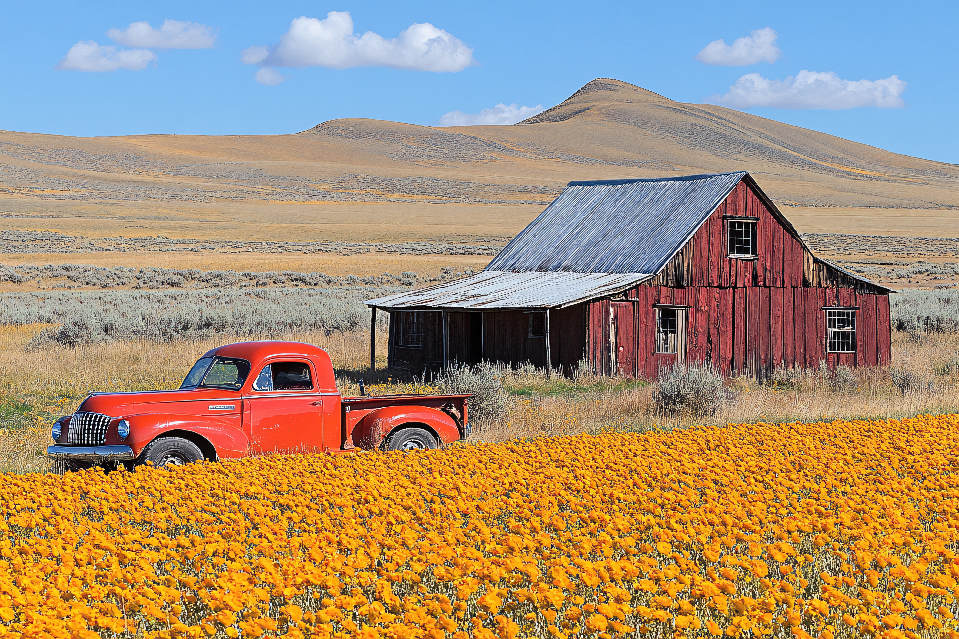 Red Truck by Old Barn in Field of Flowers
