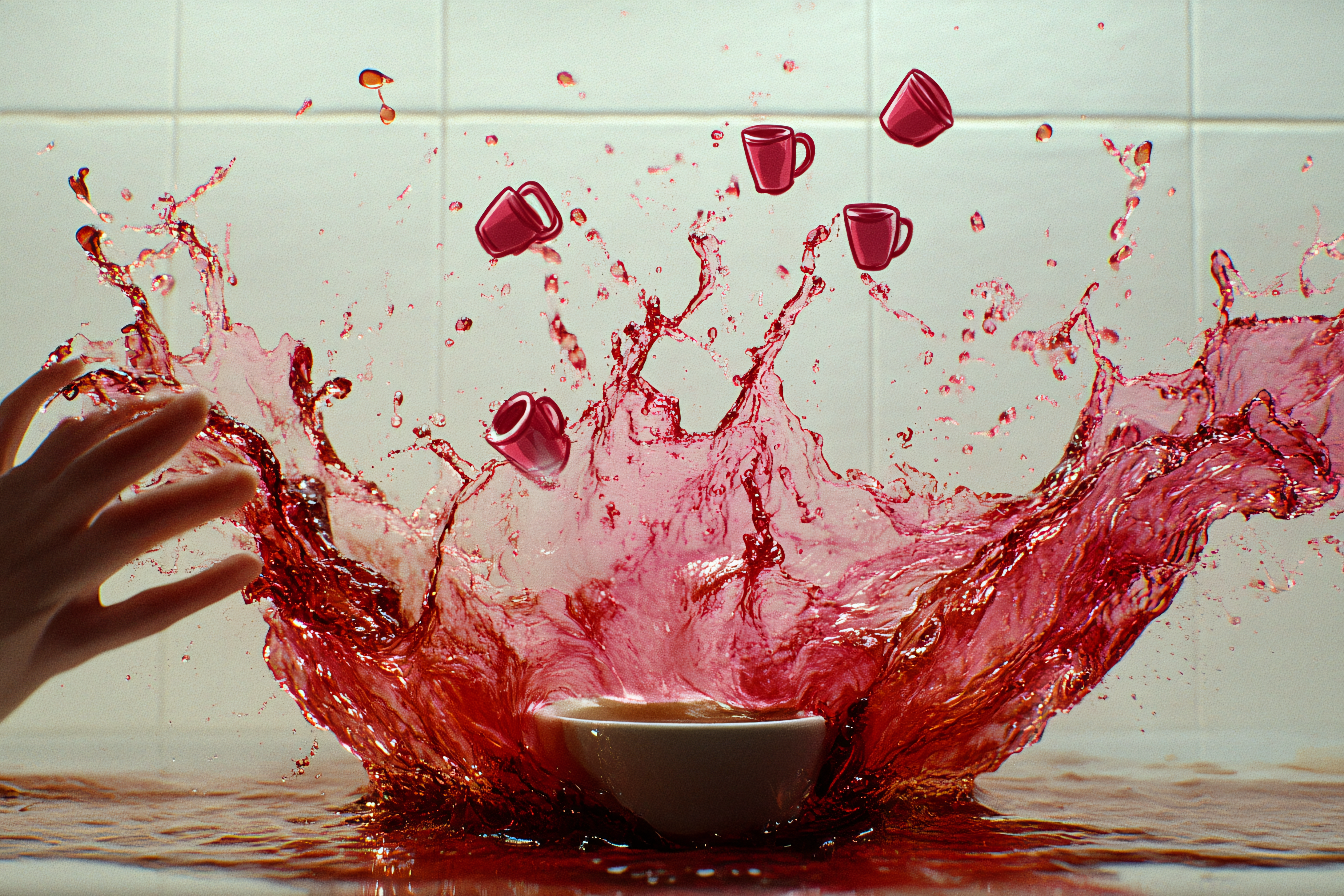 Red Wine Splash with Flying Cups