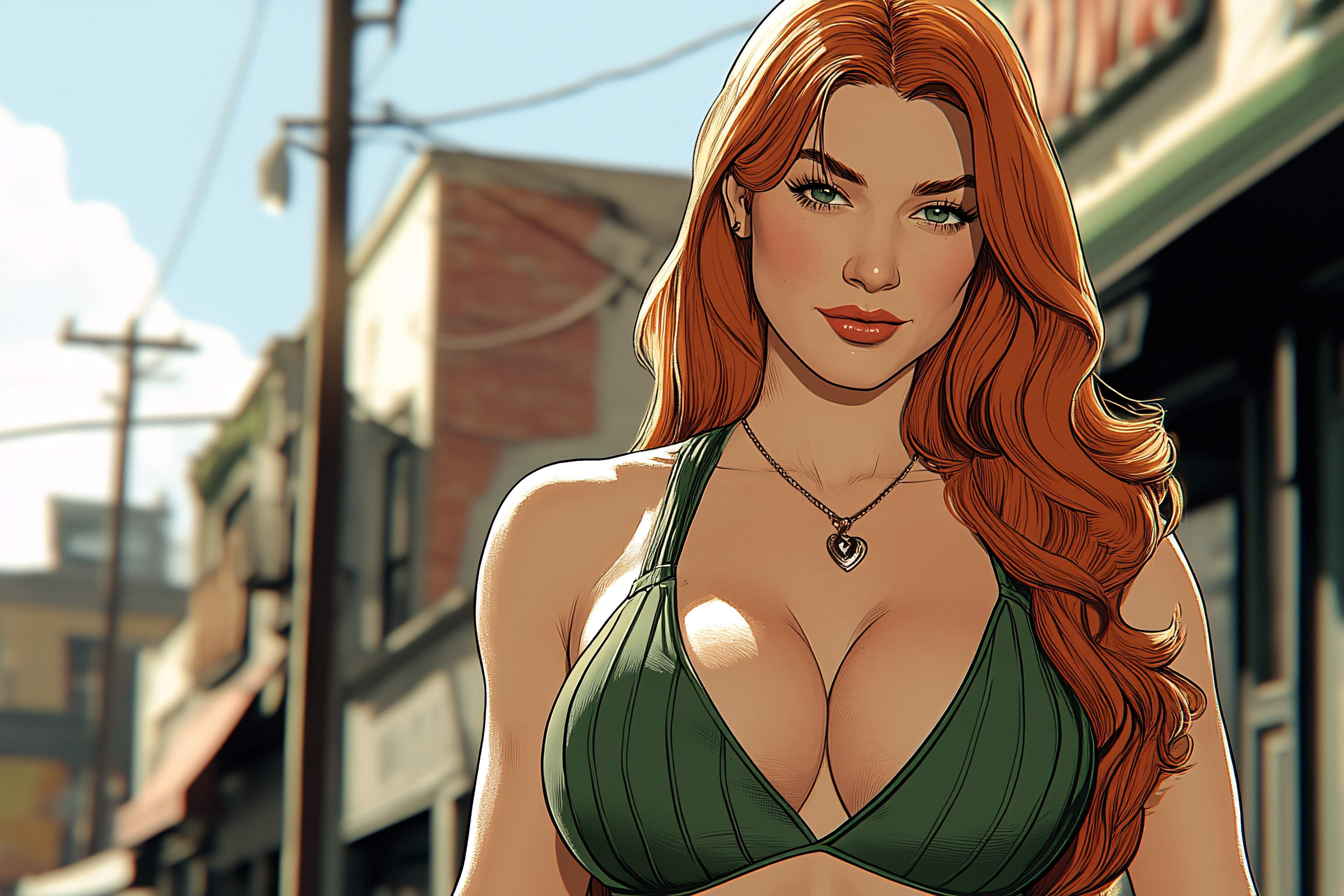 Redhead Woman in Green Top Portrait