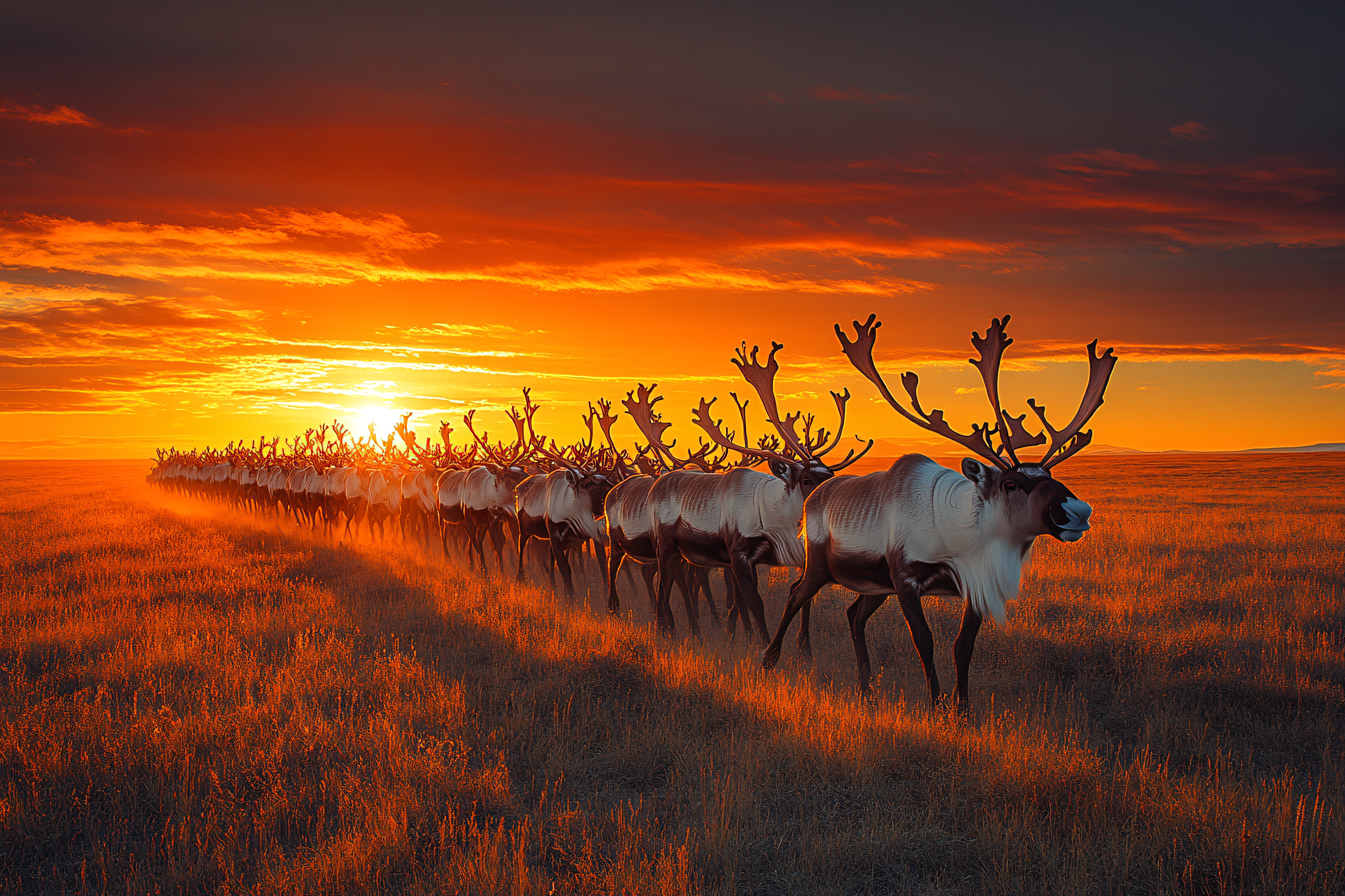 Reindeer Herd At Sunset