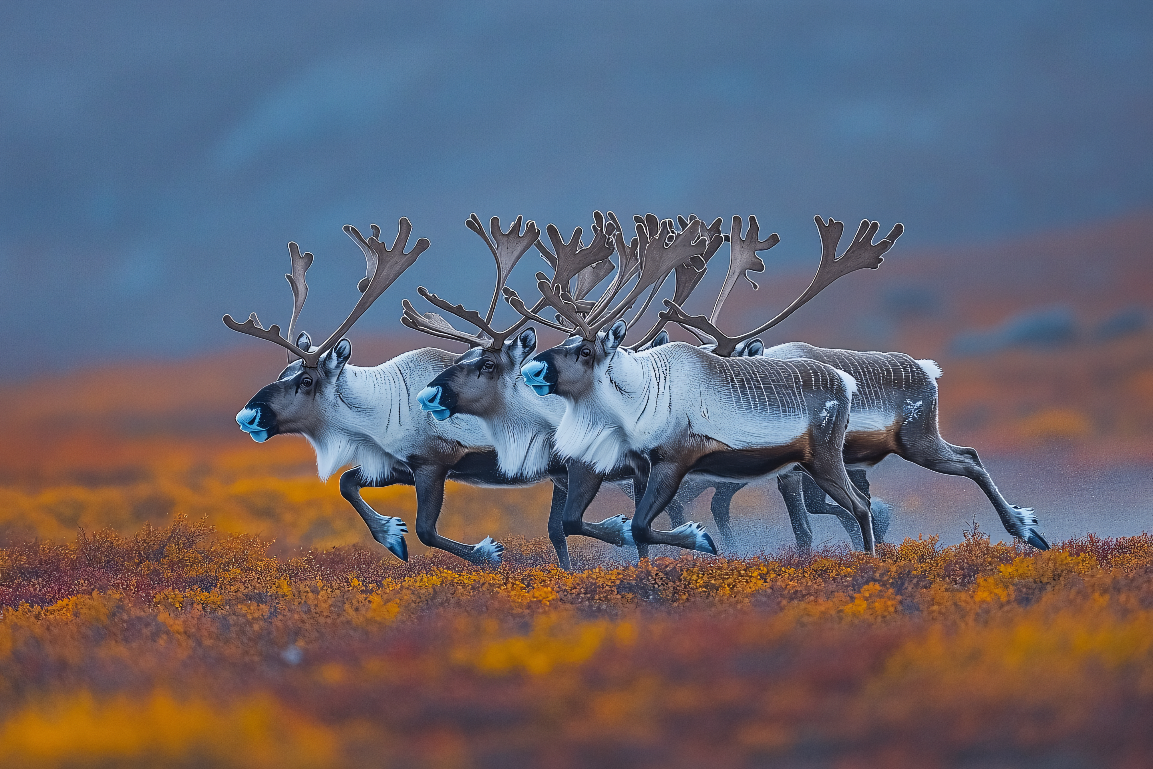 Reindeer Herd Running in Tundra Landscape