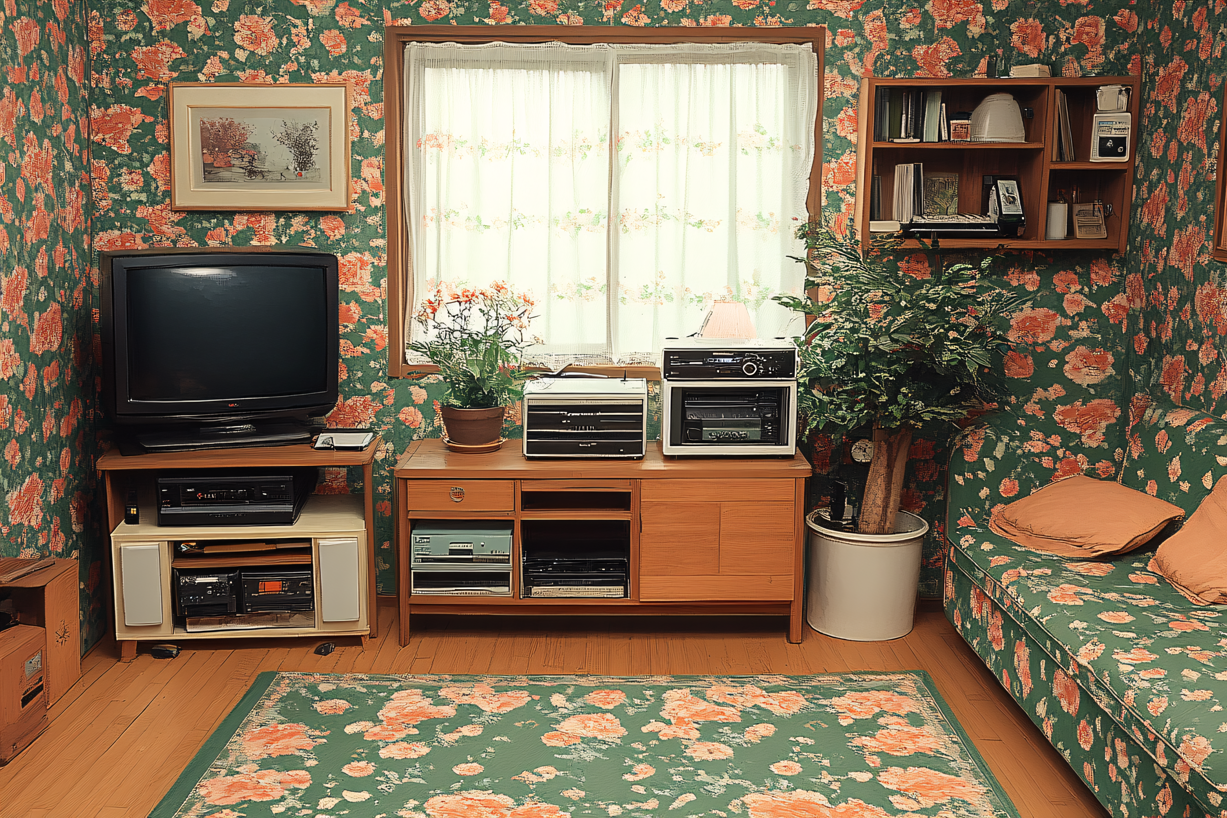 Retro Room Interior with Floral Wallpaper