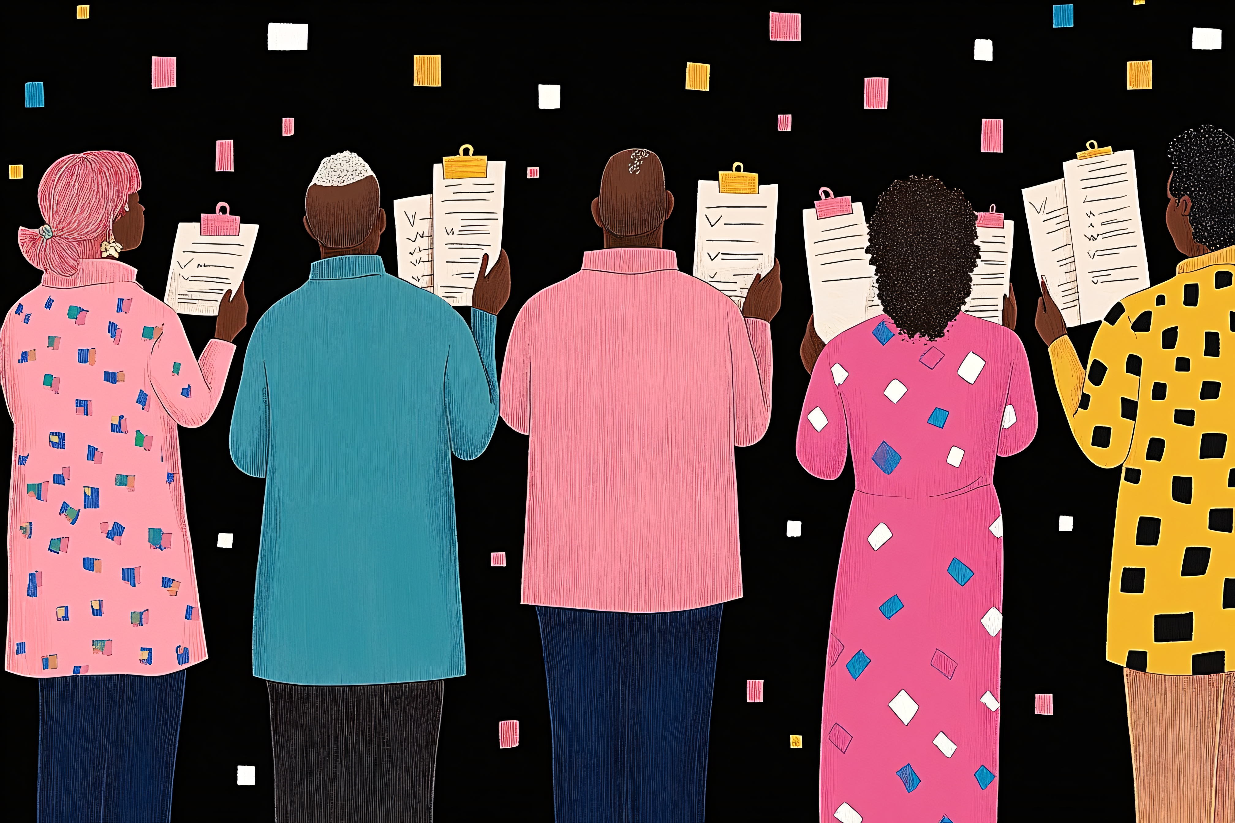 Reviewing Documents In Colorful Attire