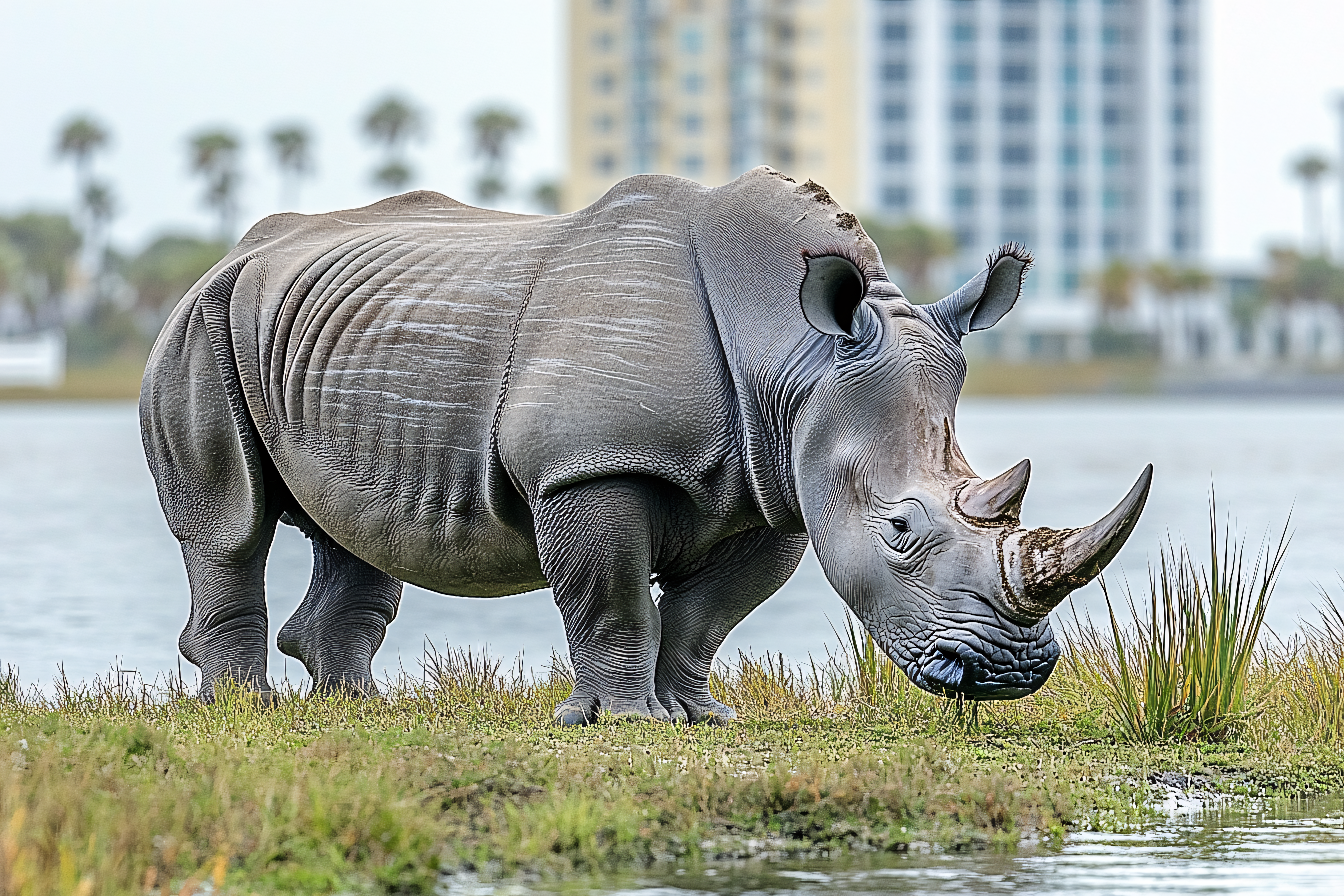 Rhinoceros Grazing By Water