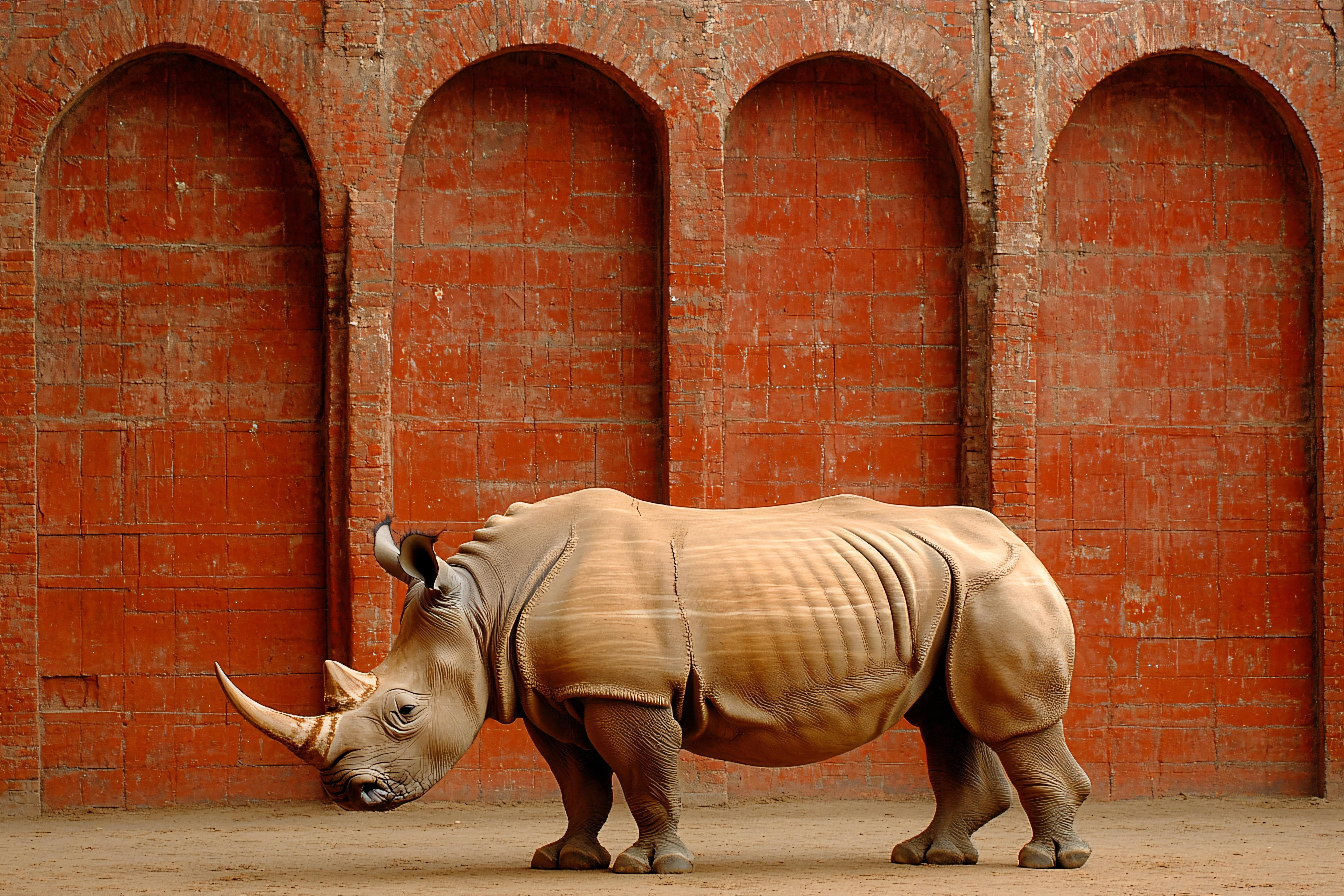 Rhinoceros Standing Against Brick Arches