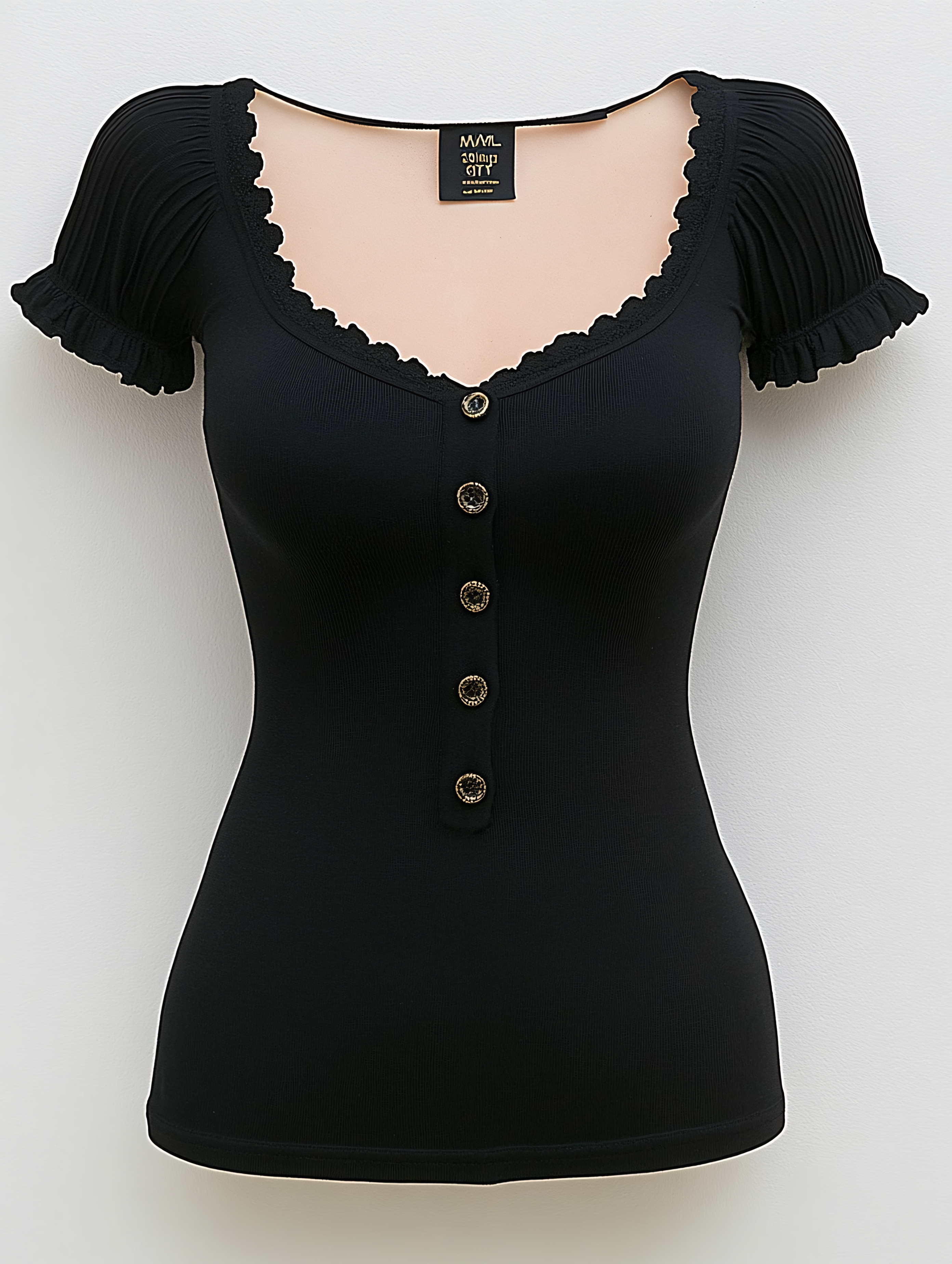 Ribbed Black Top with Lace and Buttons