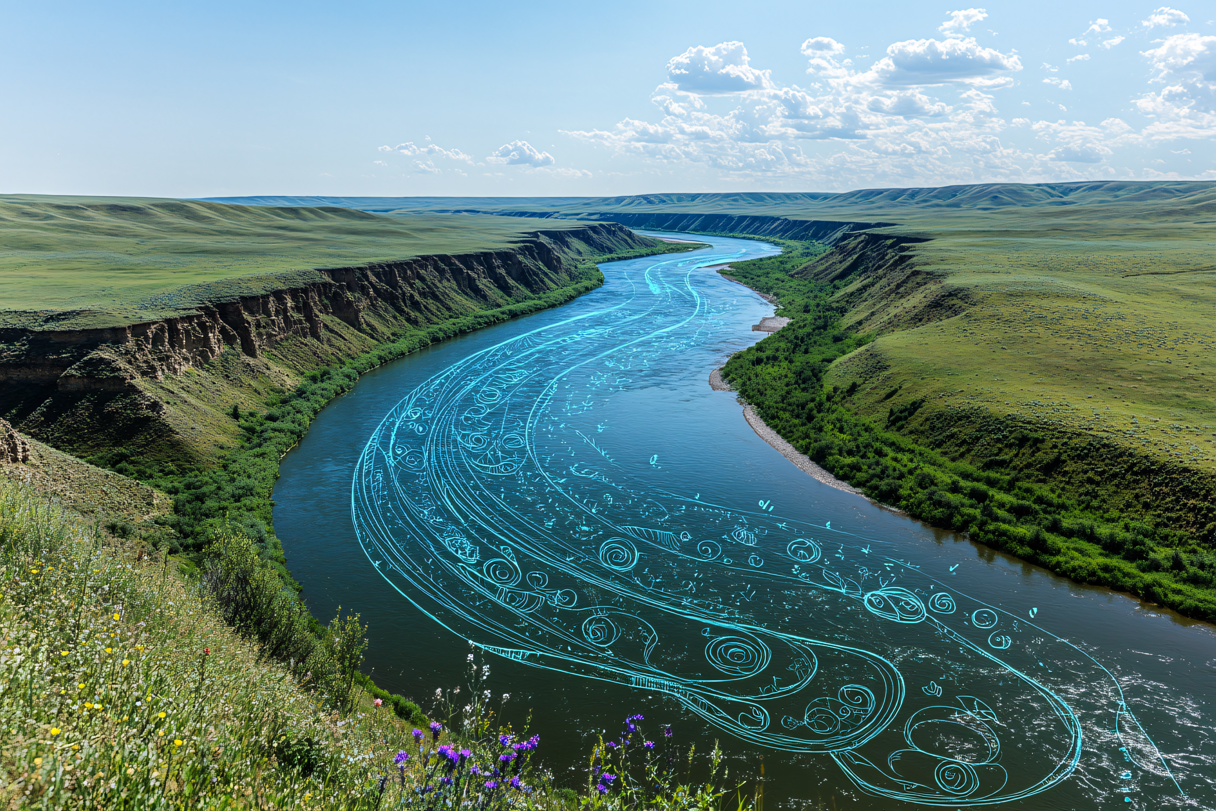 River Meandering Through Green Hills with Augmented Art