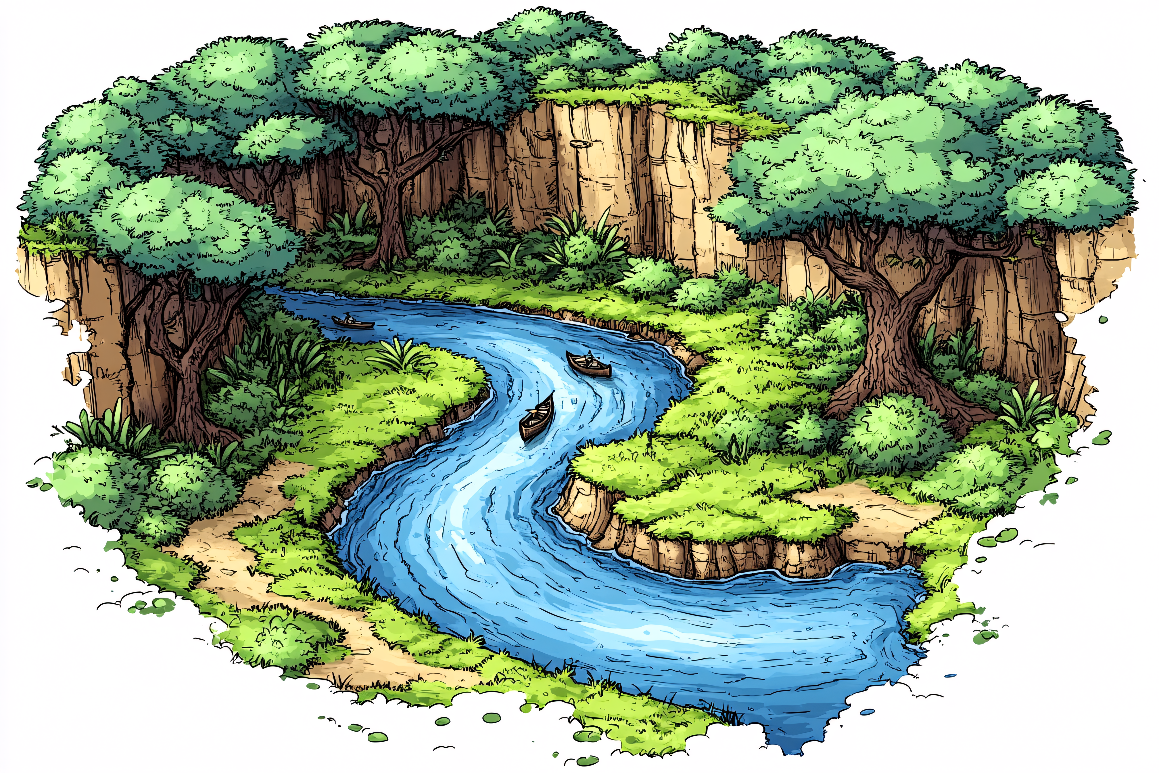 River Through Forest Canyon Illustration