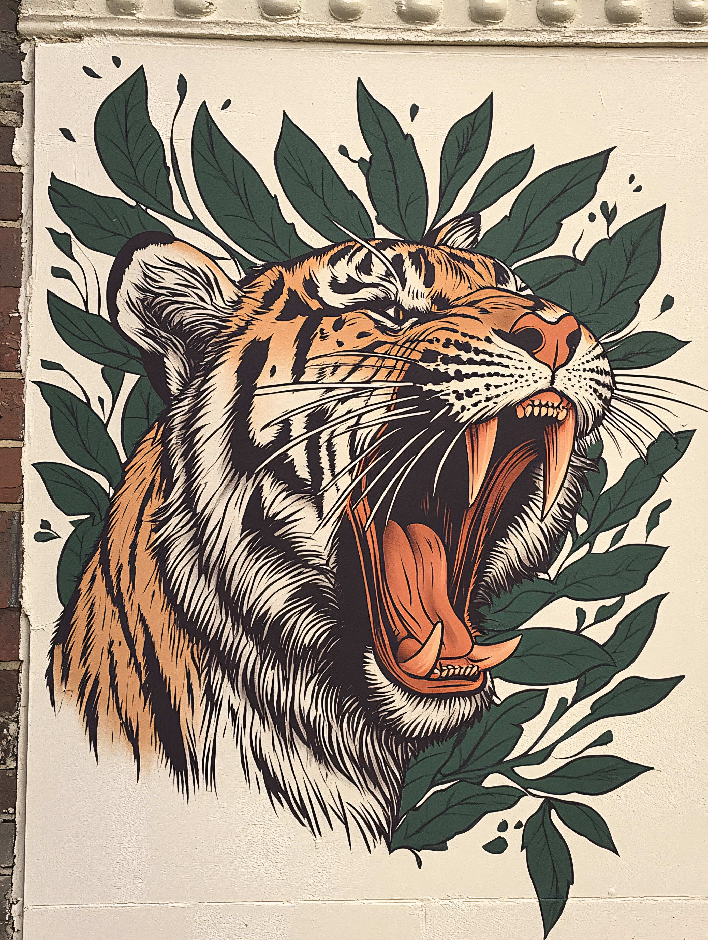 Roaring Tiger Head With Green Leaves