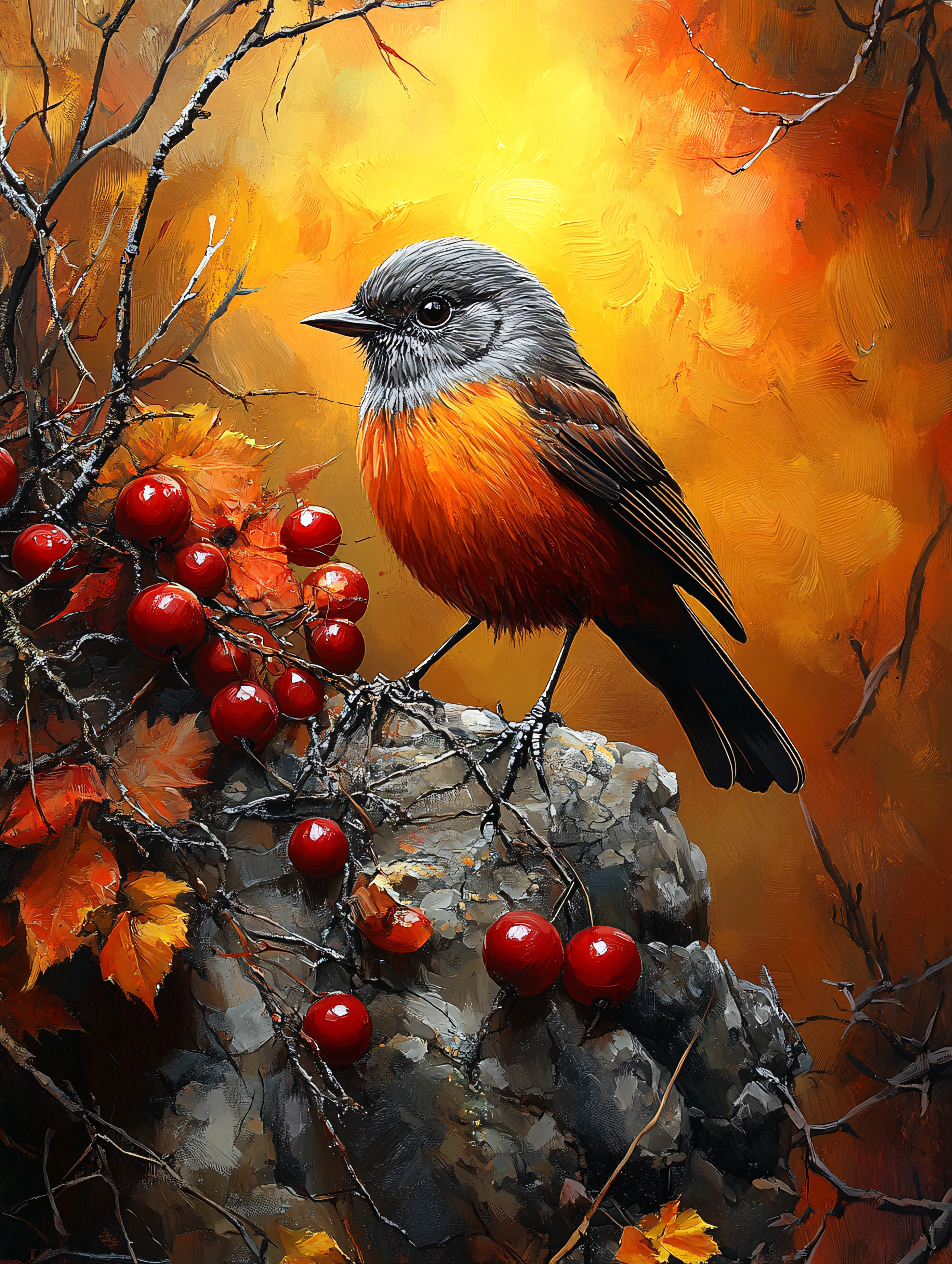 Robin Perched on Berries in Autumn