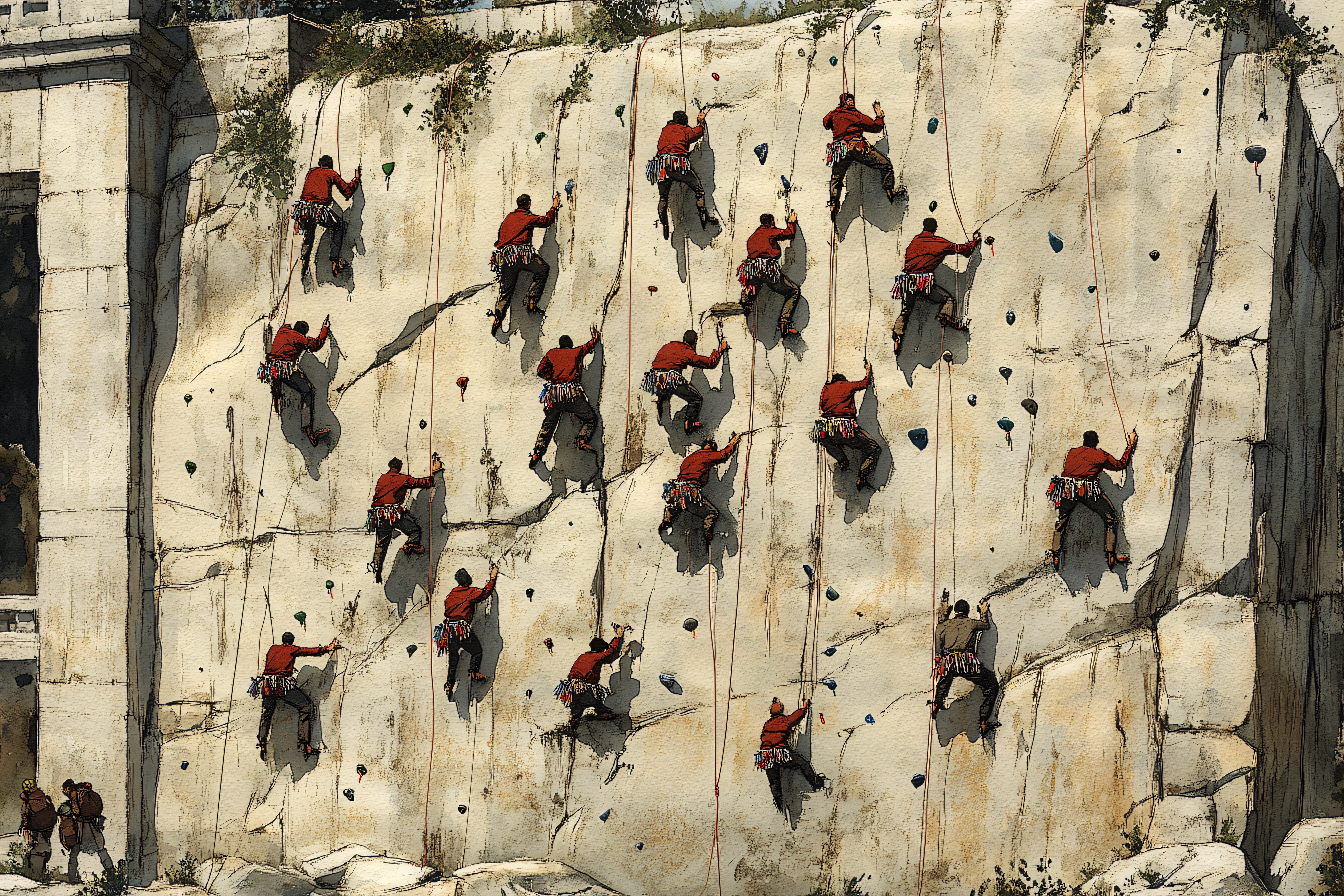Rock Climbers Ascending Cliff Face