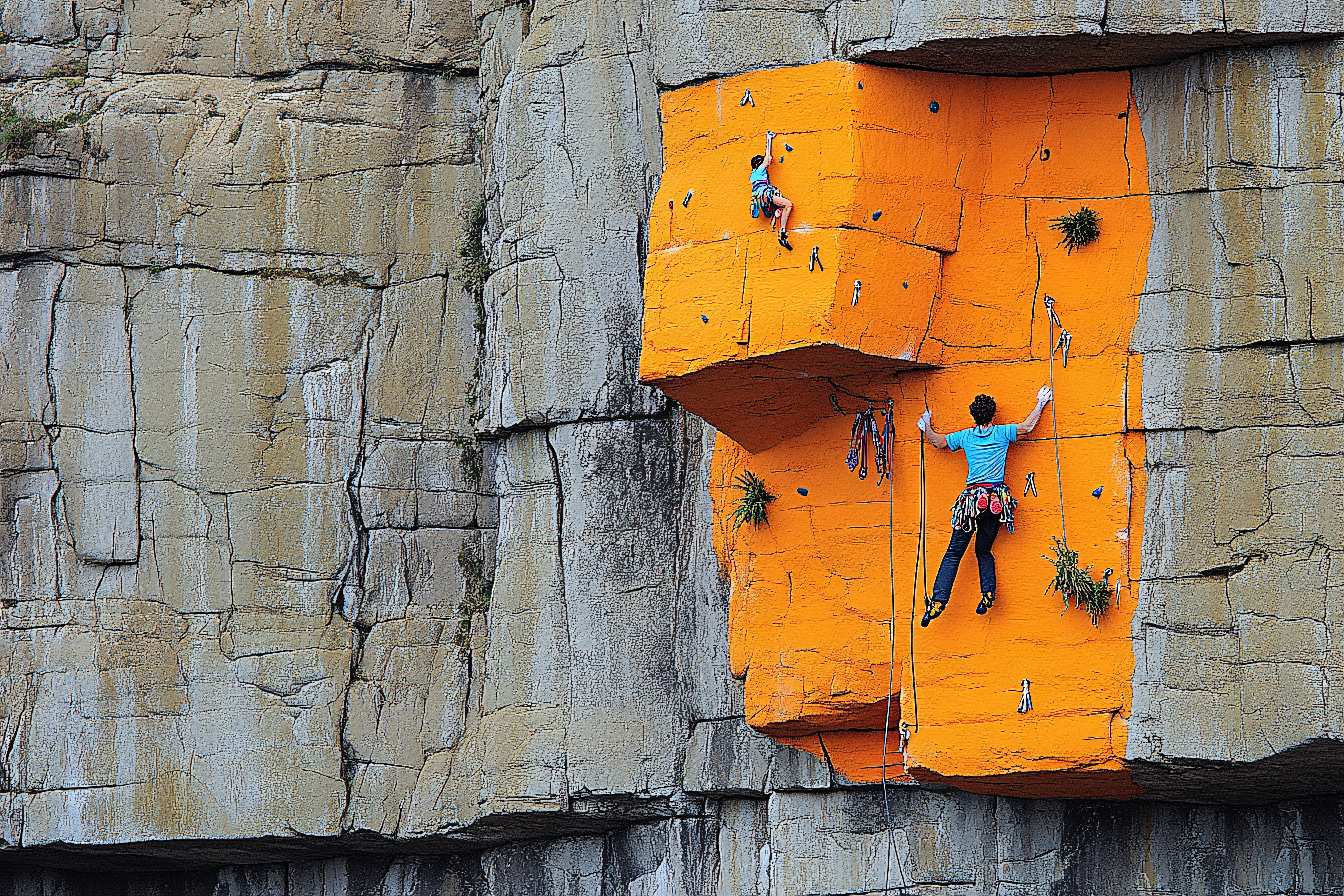 Rock Climbers Ascending Orange Wall