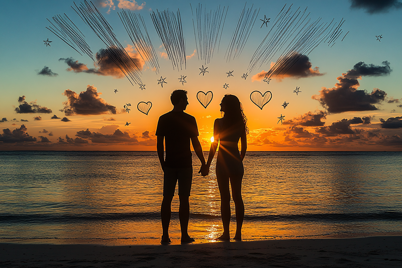 Romantic Beach Sunset with Hand-Drawn Elements