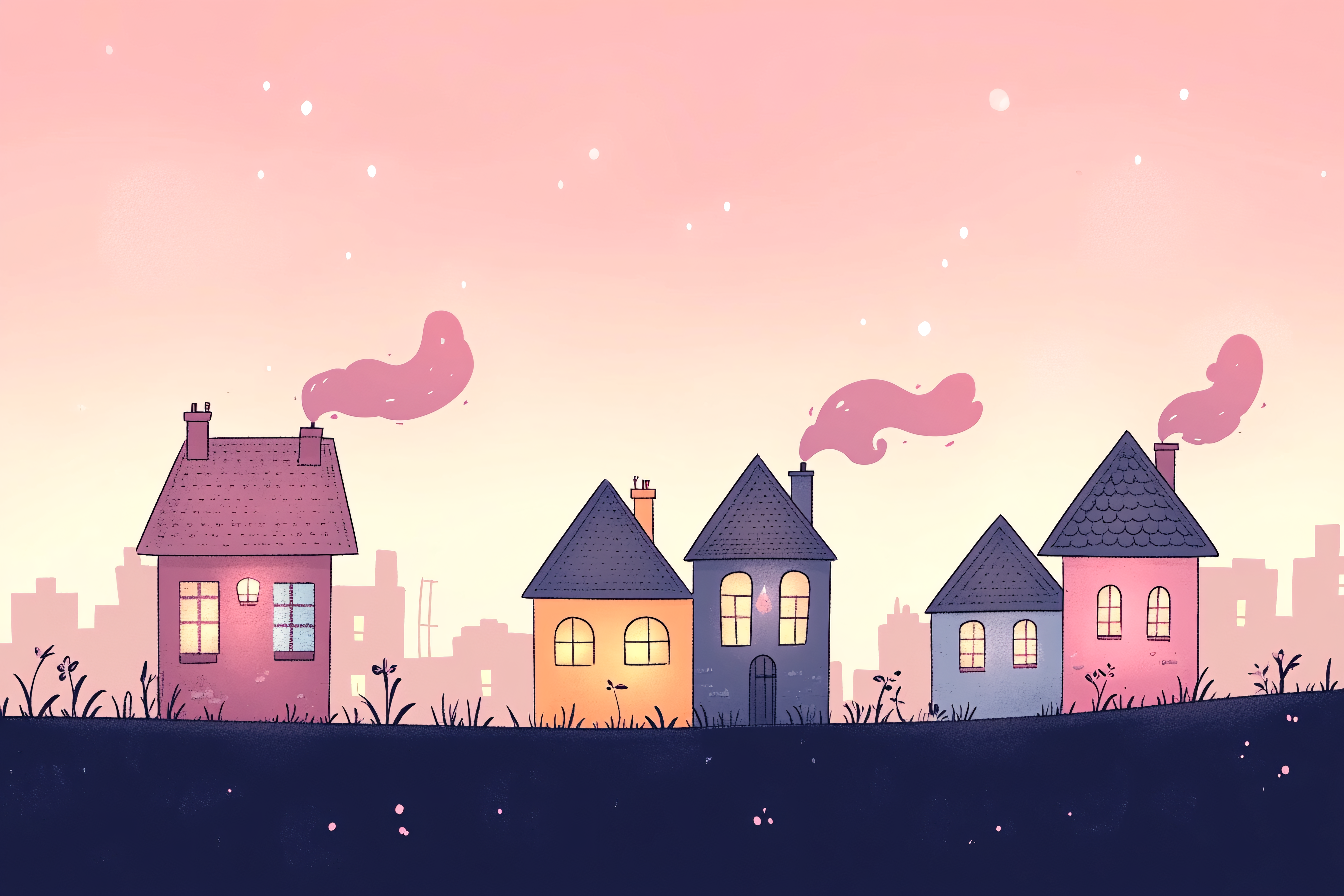 Row Of Cute Houses At Dusk