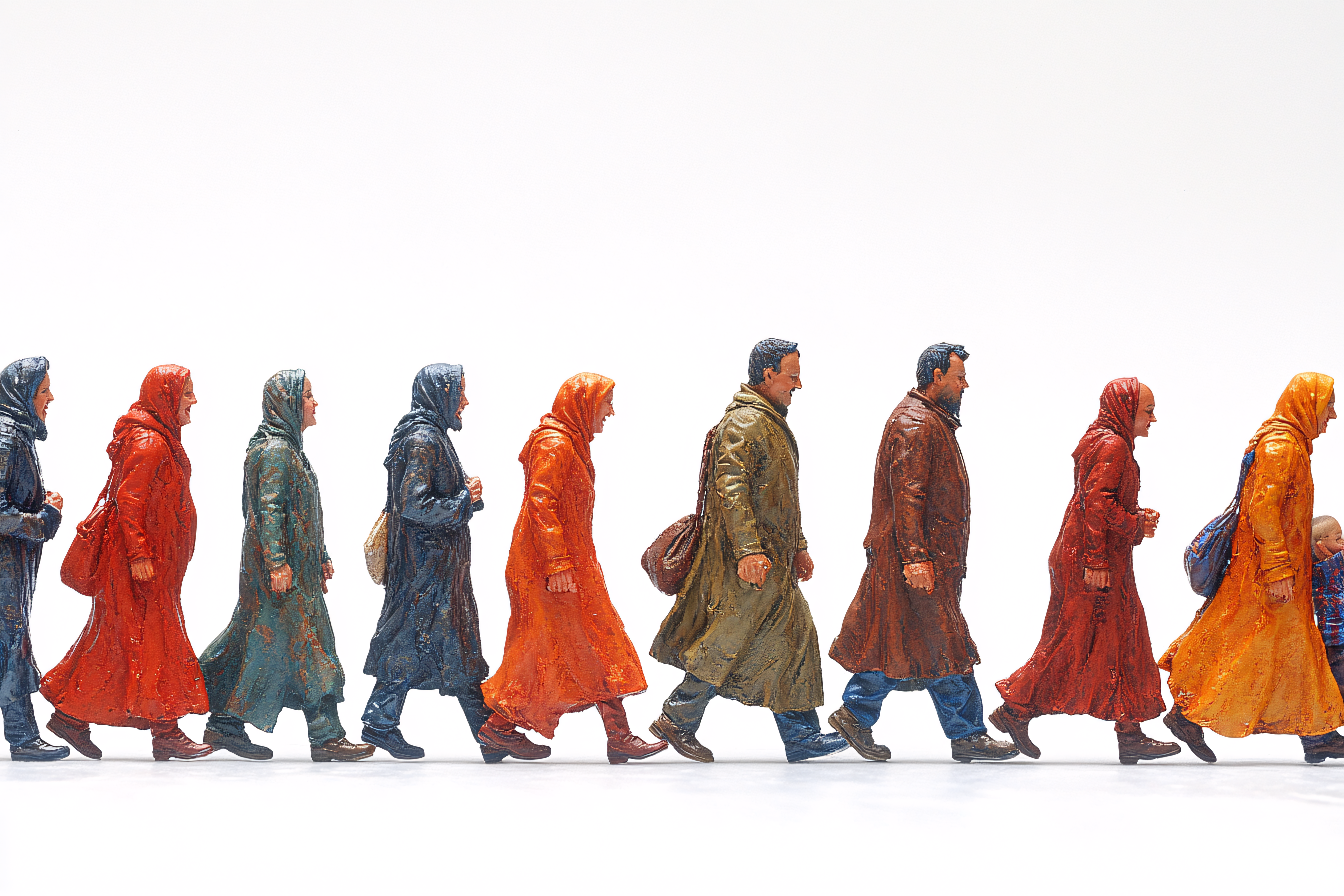 Row Of Miniature People Figurines Walking In Coats