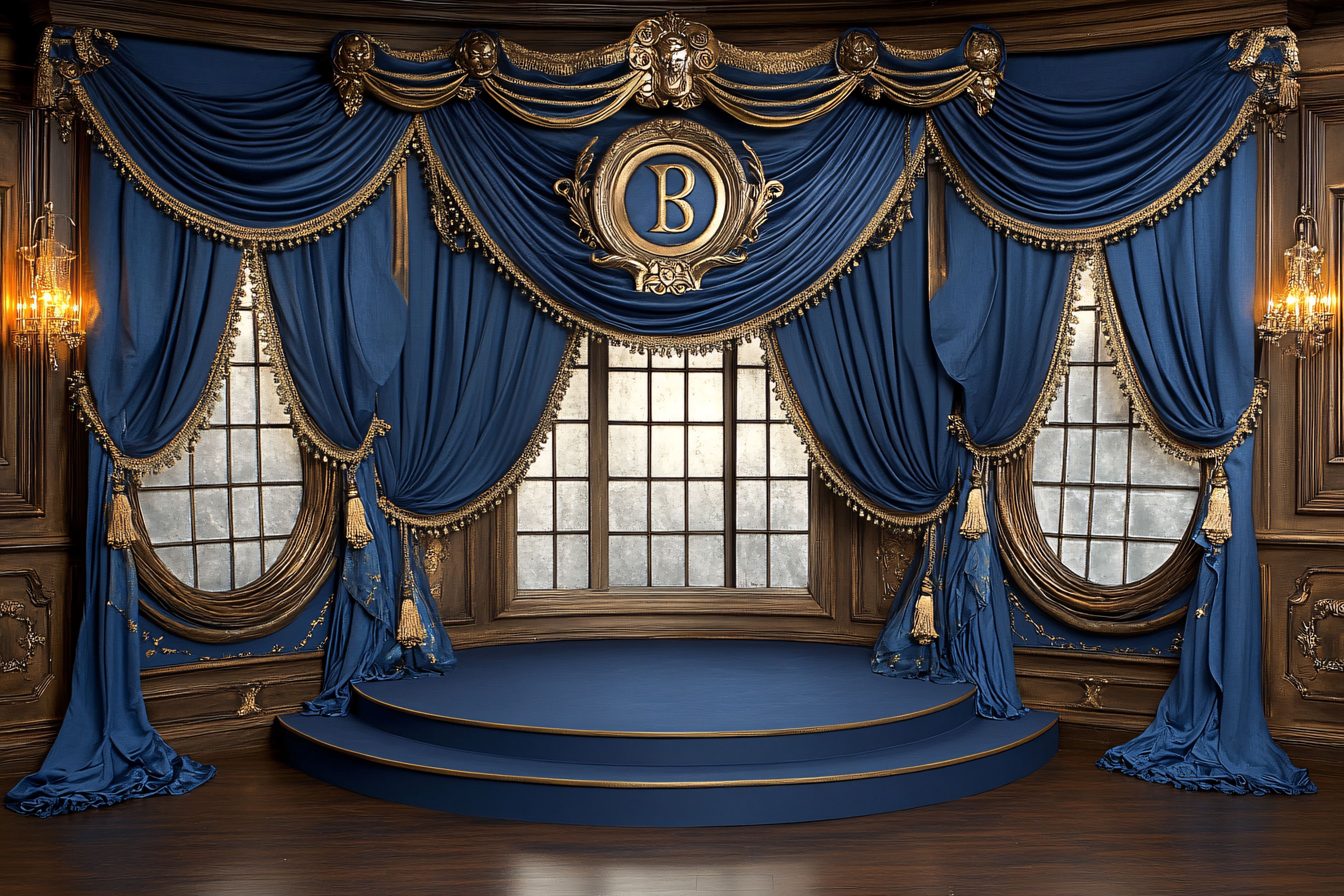 Royal Blue Stage Curtain With Gold Accents
