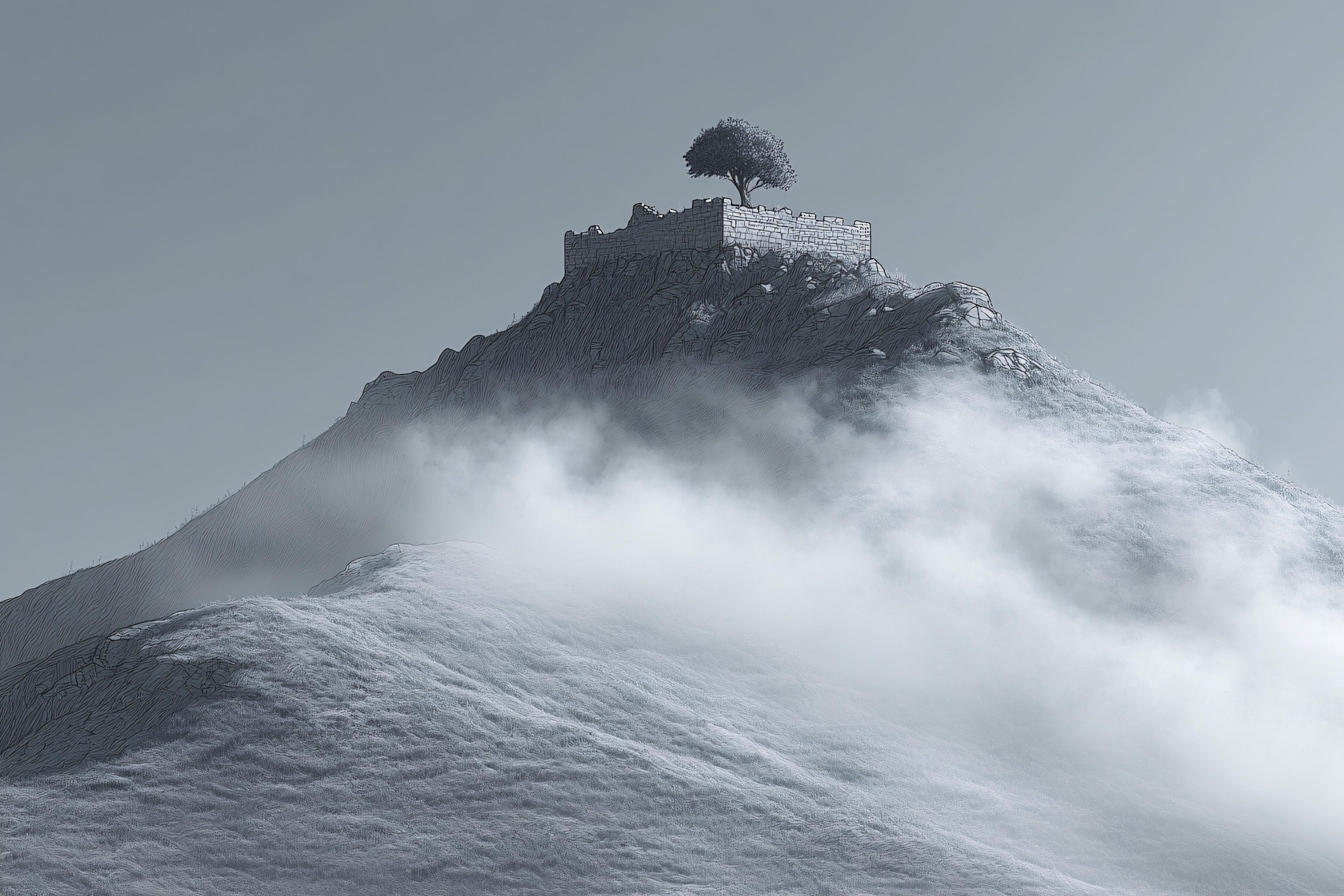 Ruined Castle Peak In Fog