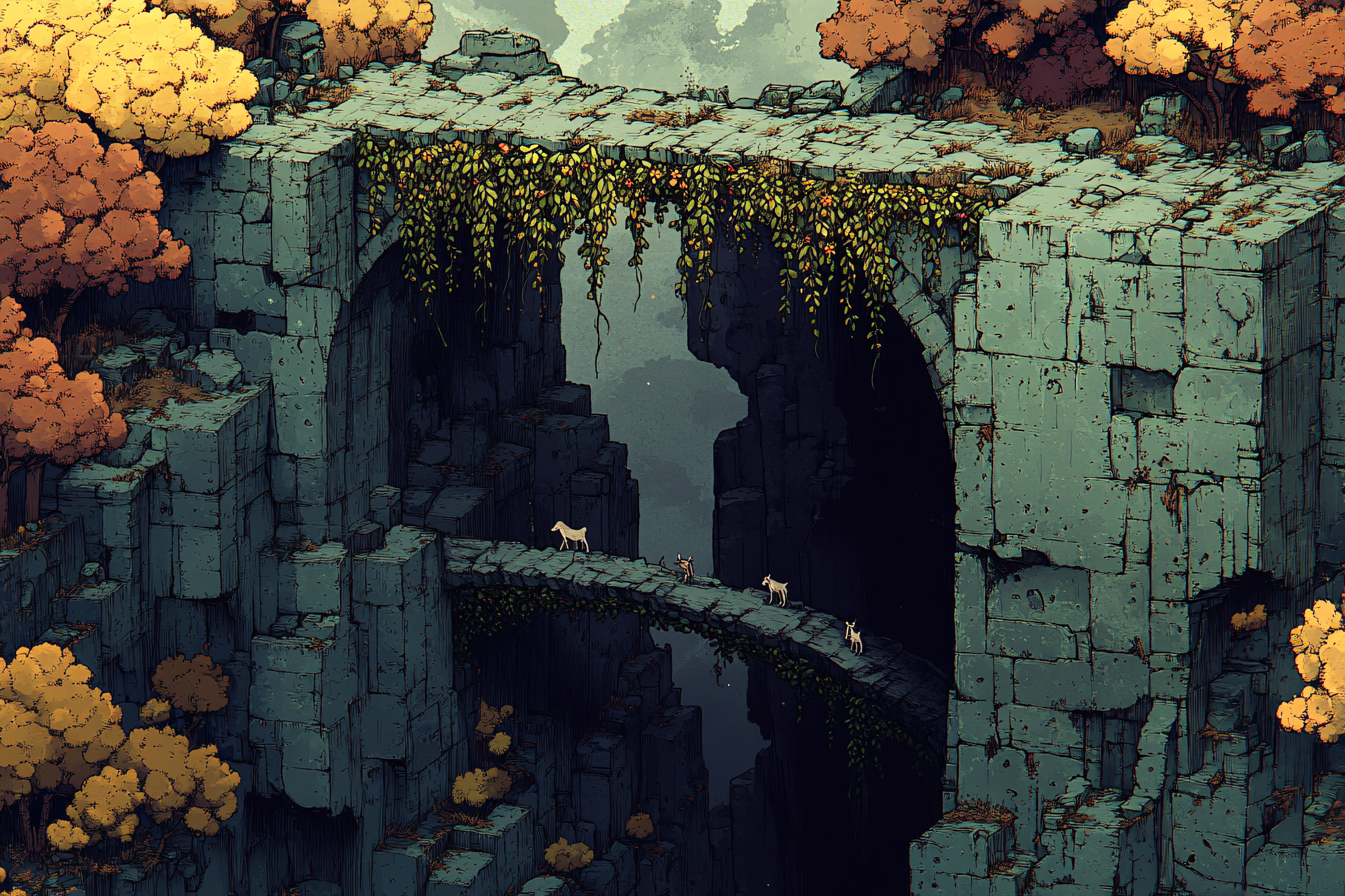 Ruined Stone Bridge with Goats