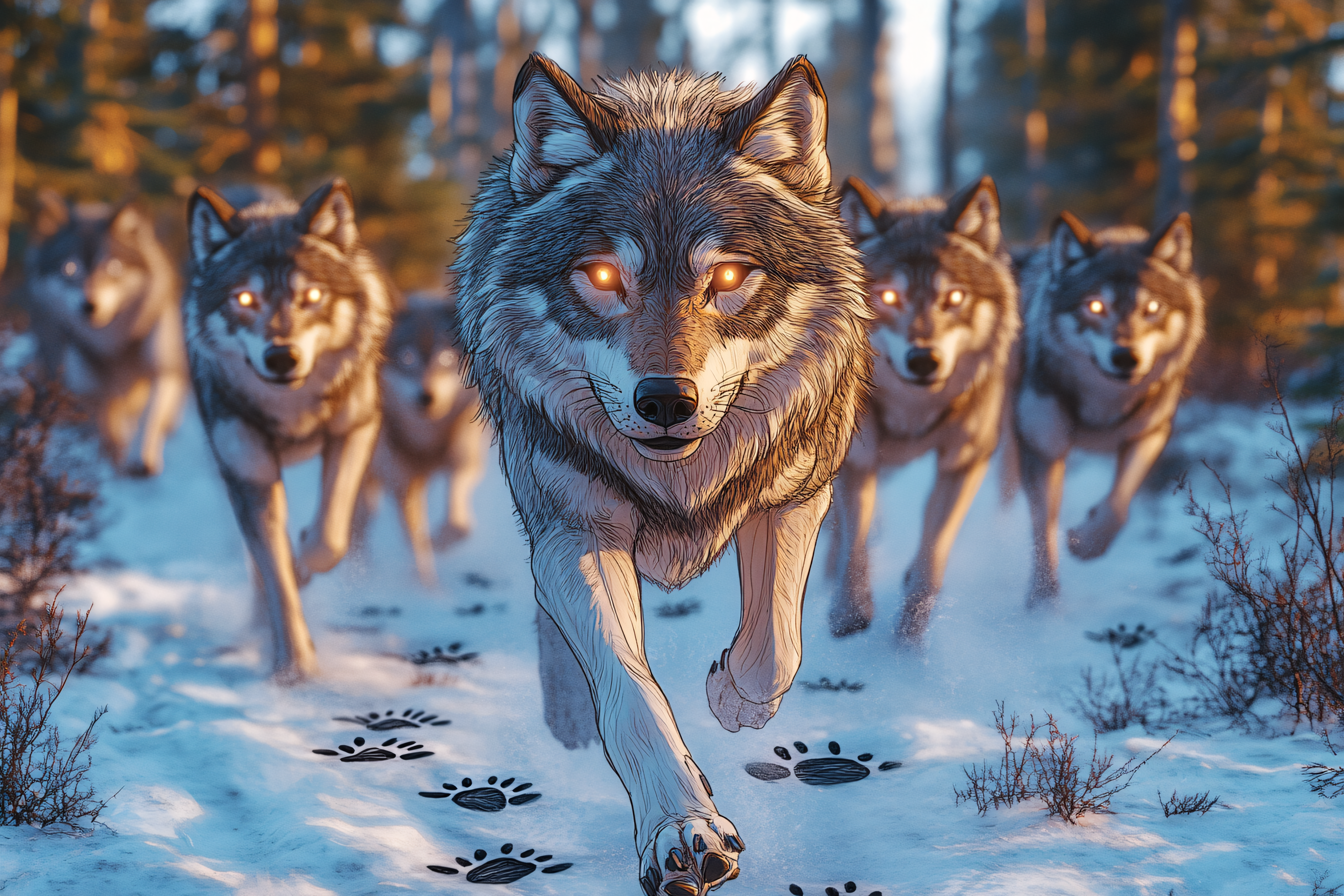 Running Wolf Pack in Snowy Forest