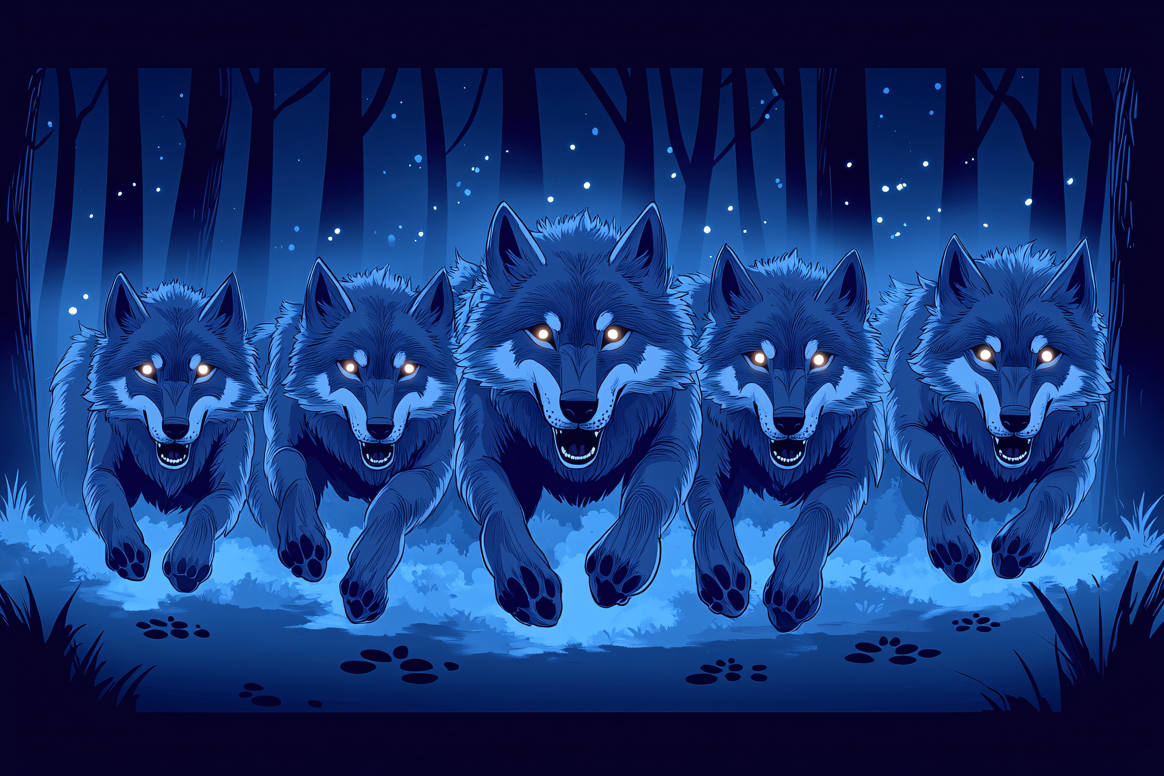 Running Wolves in Dark Forest