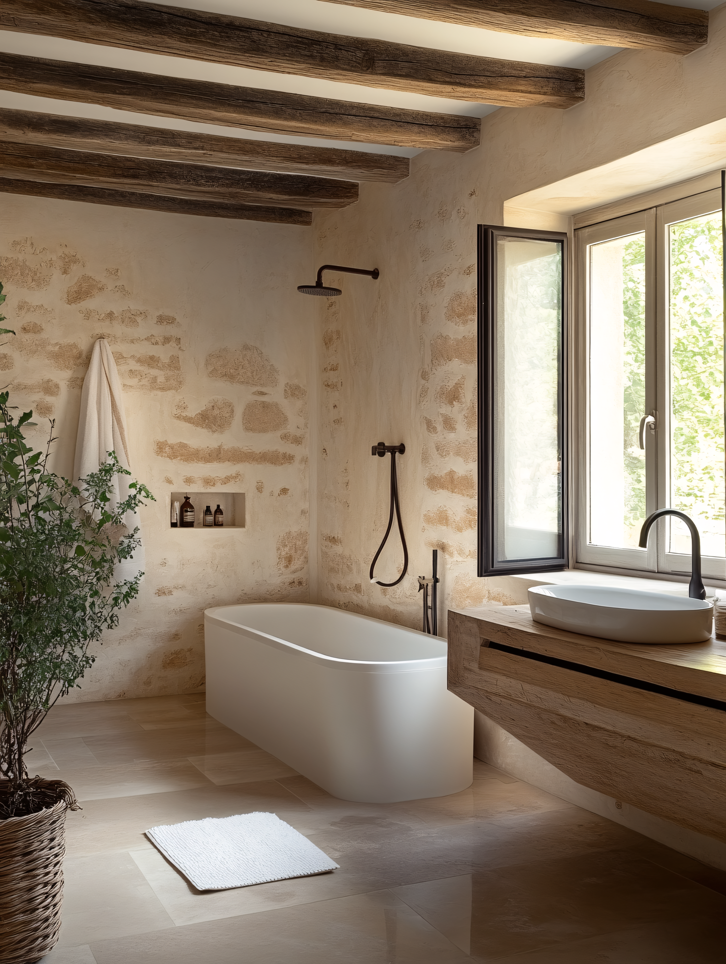 Rustic Bathroom Interior with Stone Walls and Wooden Beams