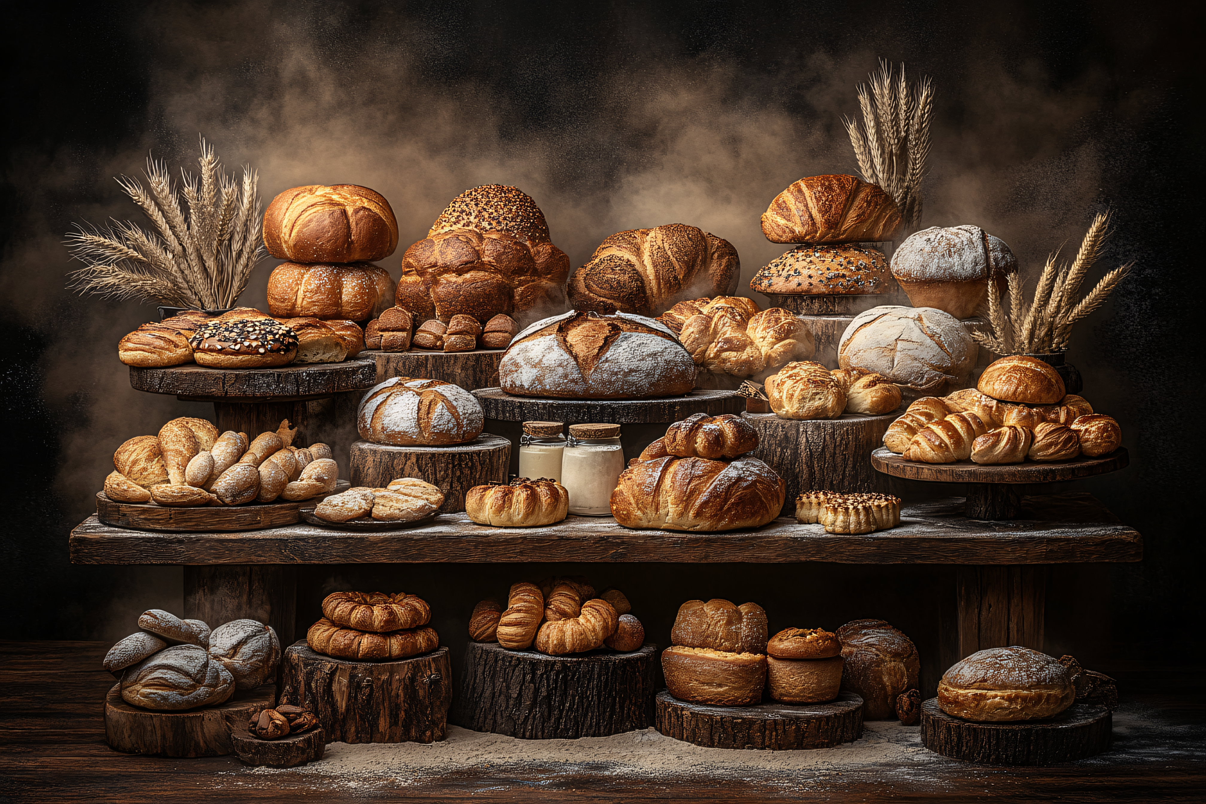 Rustic Bread Display on Wooden Shelves