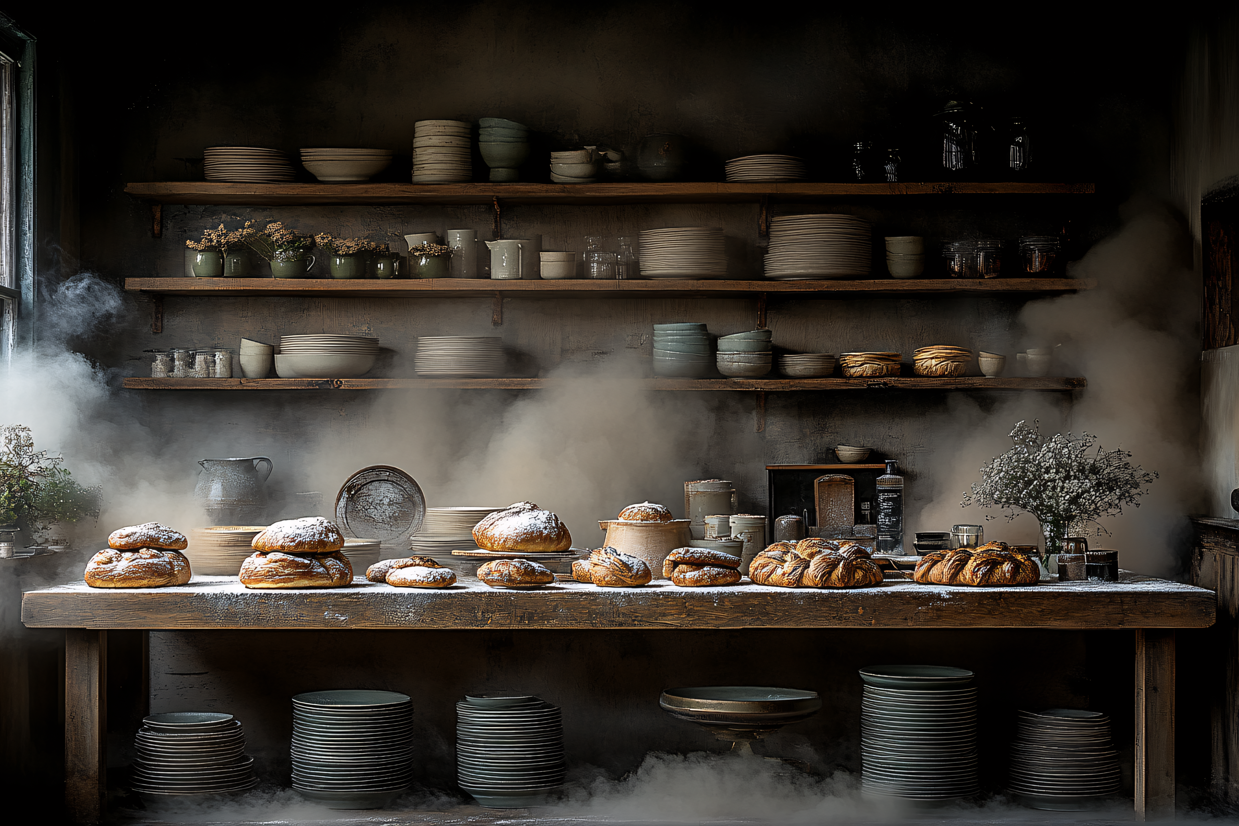 Rustic Bread Display With Vintage Kitchenware In Soft Light