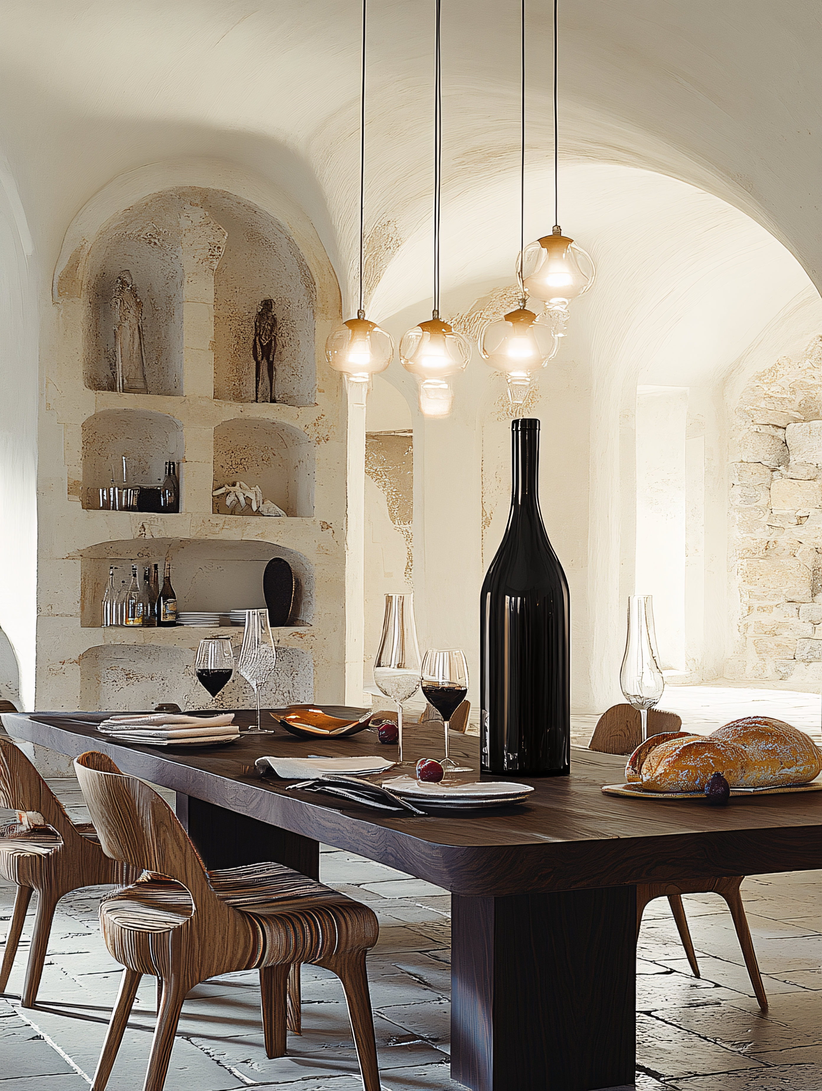 Rustic Dining Table Setting With Oversized Wine Bottle